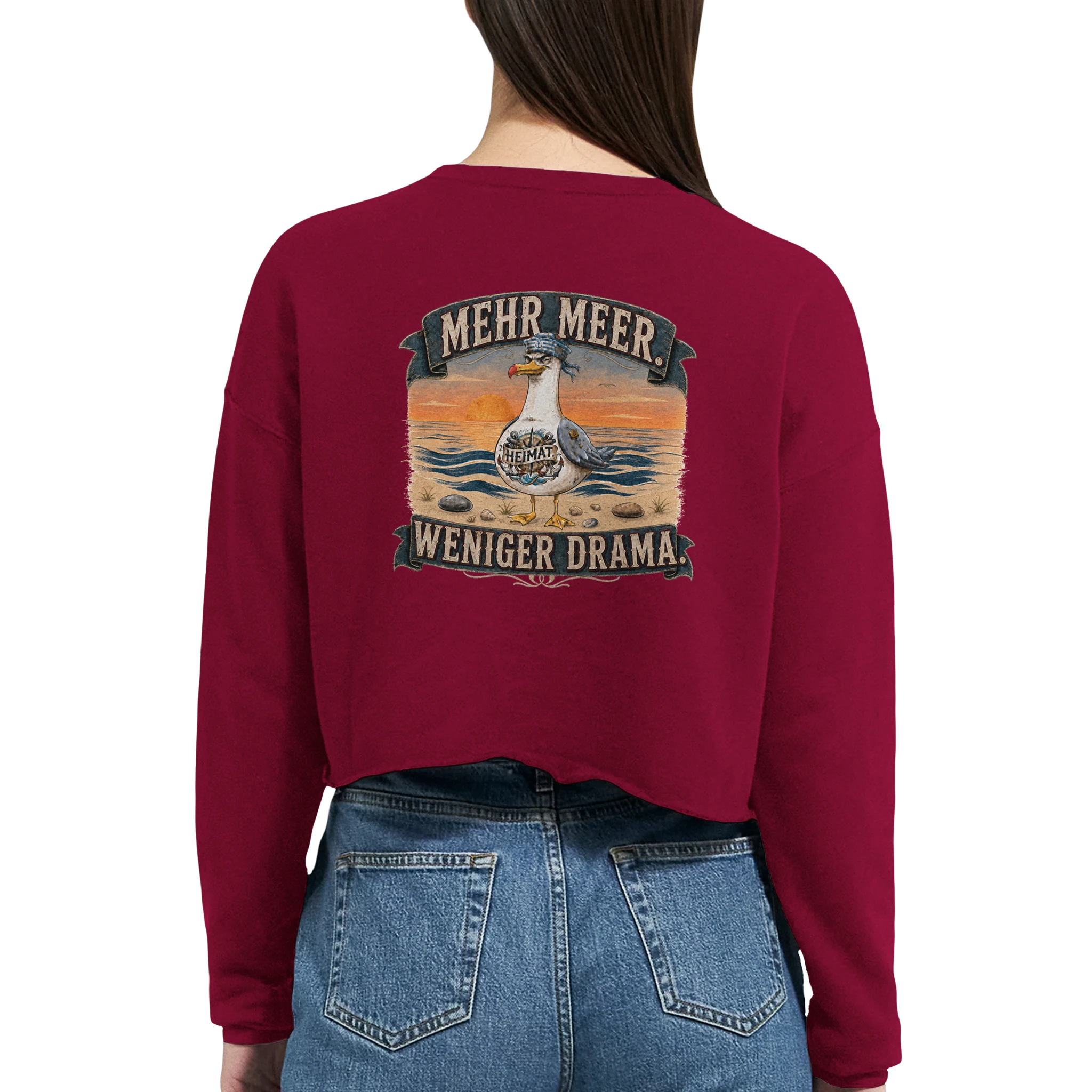 Damen-Pullover in Staubblau mit Motiv „Mehr Meer. Weniger Drama.“