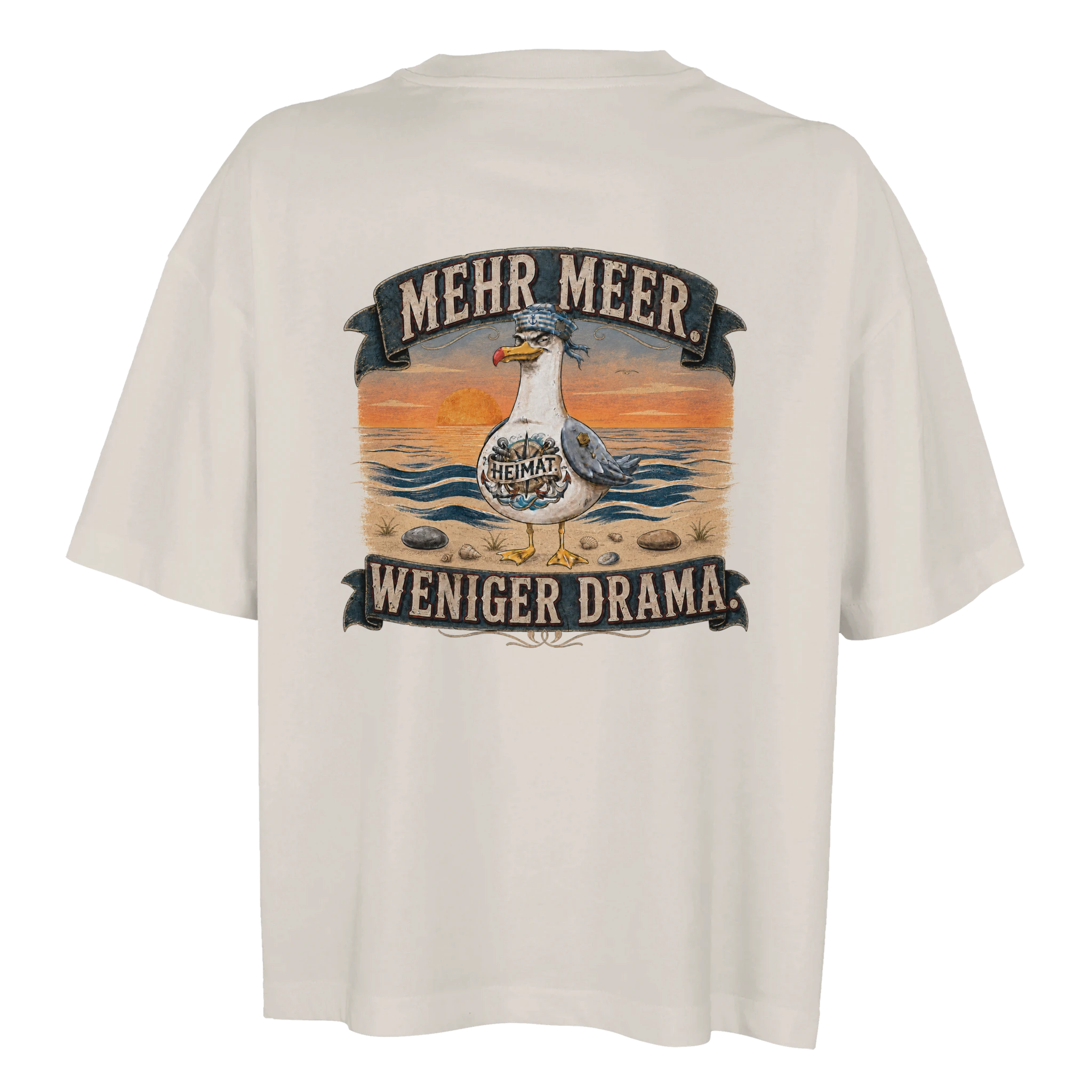 Damen-T-Shirt in Weiß mit Motiv „Mehr Meer. Weniger Drama.“
