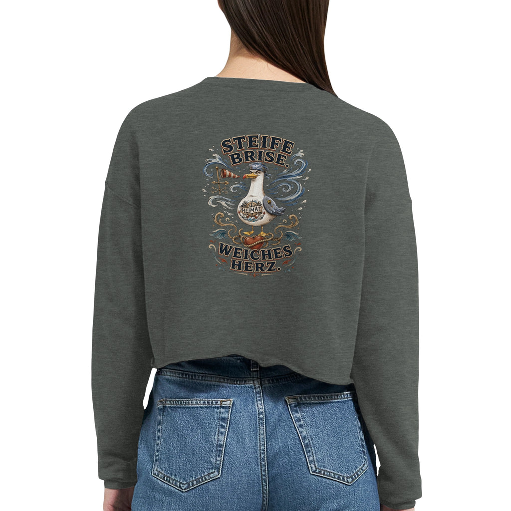 Damen-Pullover in Staubblau mit Motiv „Steife Brise. Weiches Herz.“