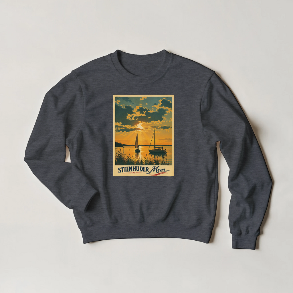 Pullover in Aschgrau mit Motiv „Segler am Steinhuder Meer beim Sunset“