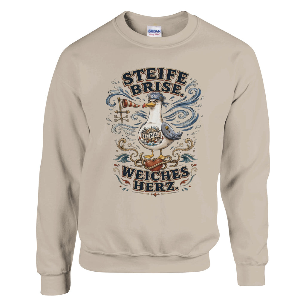 Pullover in Weiß mit Motiv „Steife Brise. Weiches Herz.“