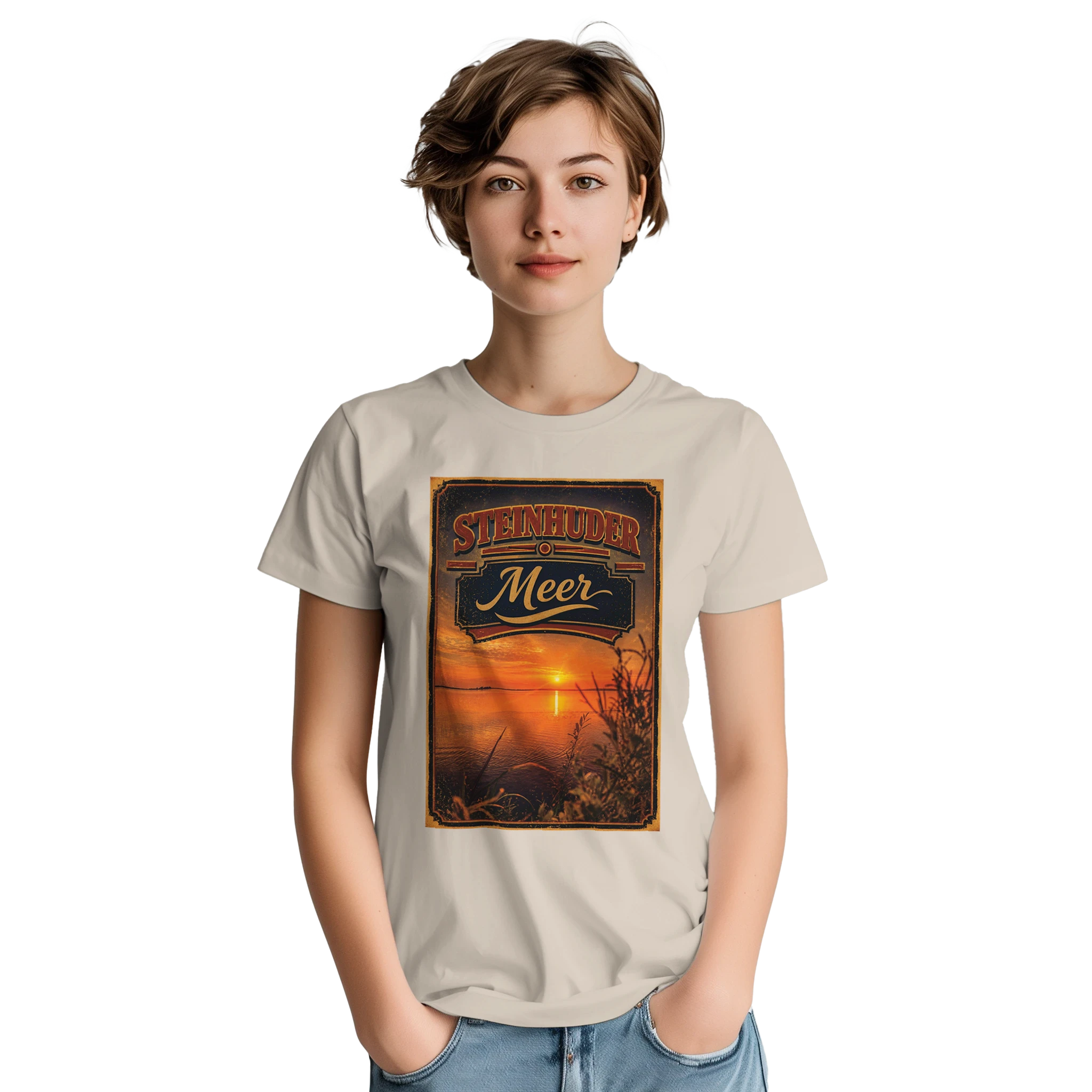 T-Shirt in Natur mit Motiv „Sunset am Steinhuder Meer“