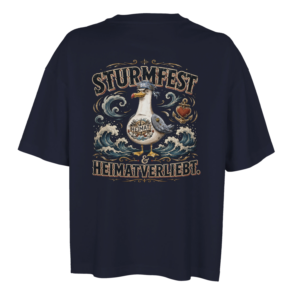 Damen-T-Shirt in Weiß mit Motiv „Sturmfest & Heimatverliebt Möwe“