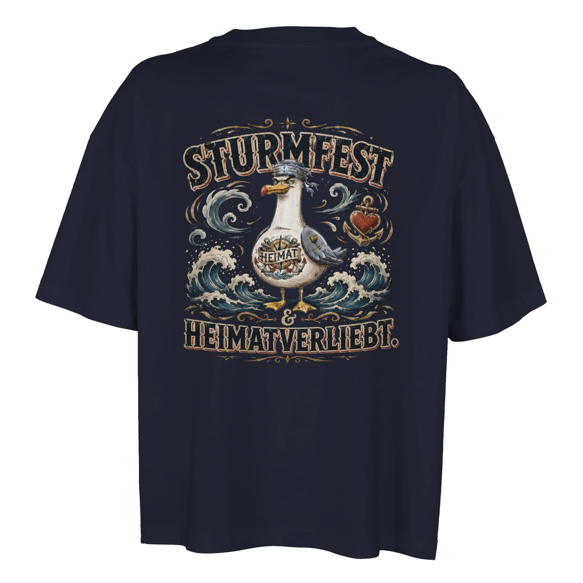 Damen-T-Shirt in Weiß mit Motiv „Sturmfest & Heimatverliebt Möwe“