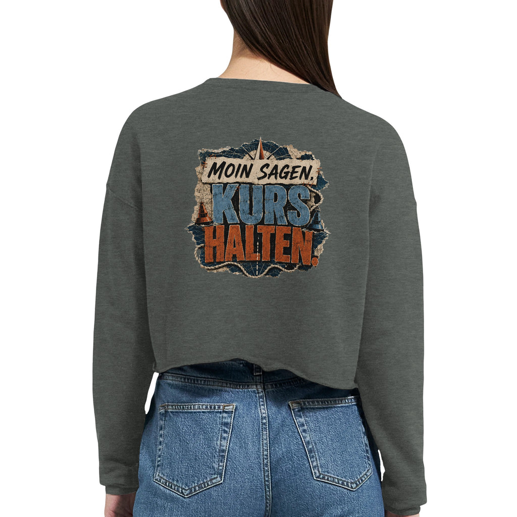 Damen-Pullover in Staubblau mit Motiv „Moin sagen. Kurs halten.“