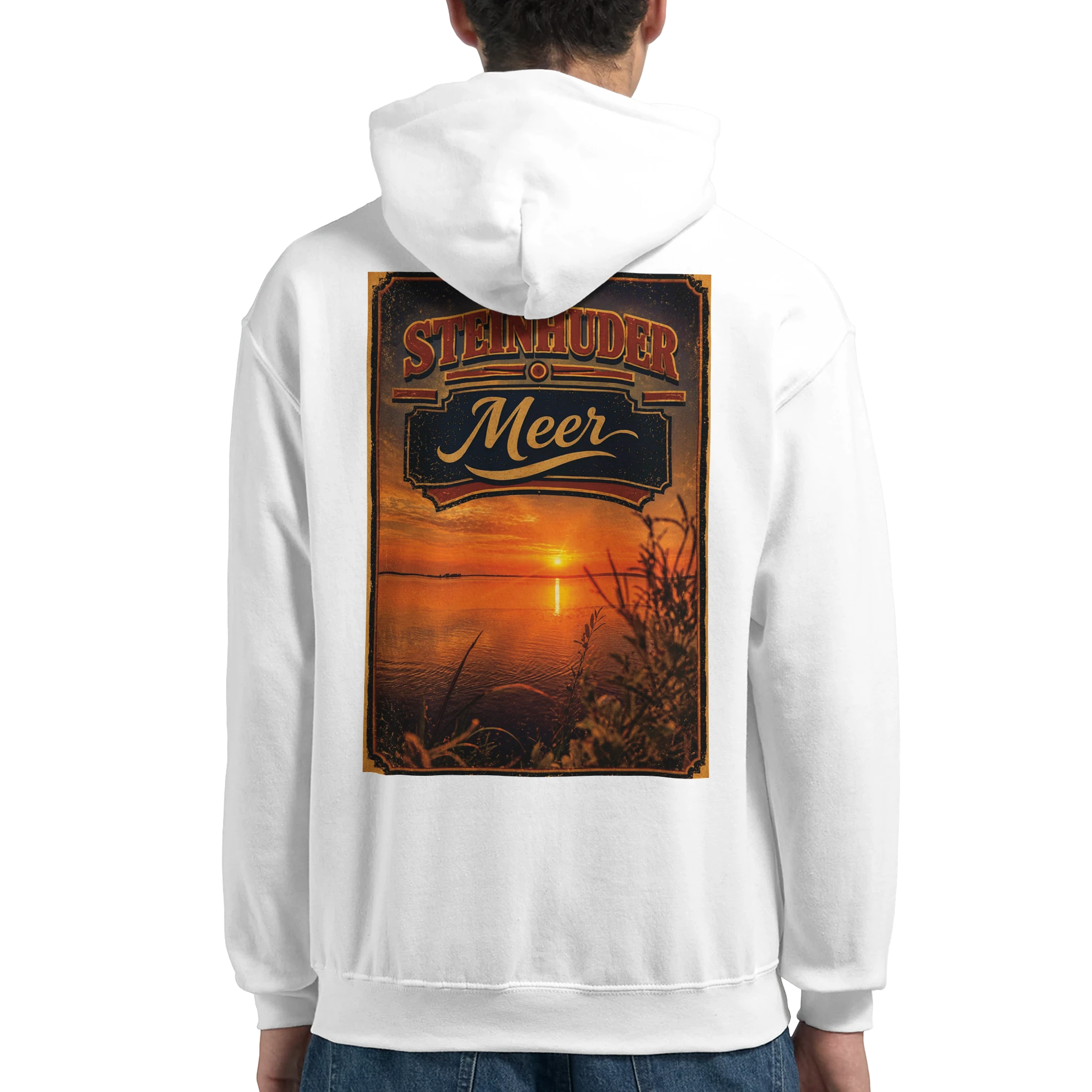 Hoodie in Weiß mit Motiv „Sunset am Steinhuder Meer“