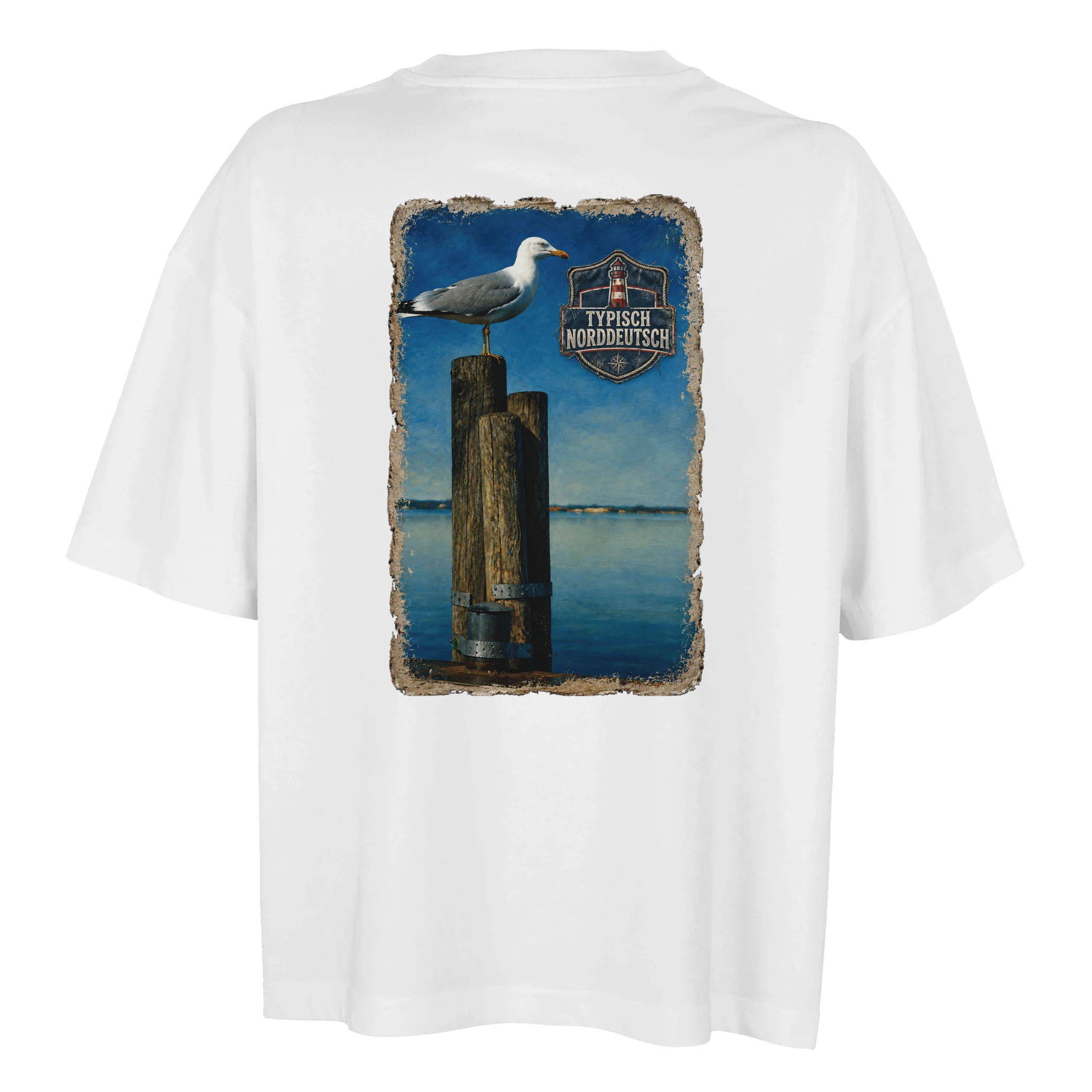 Damen-T-Shirt in Weiß mit Motiv „Möwe auf Poller“