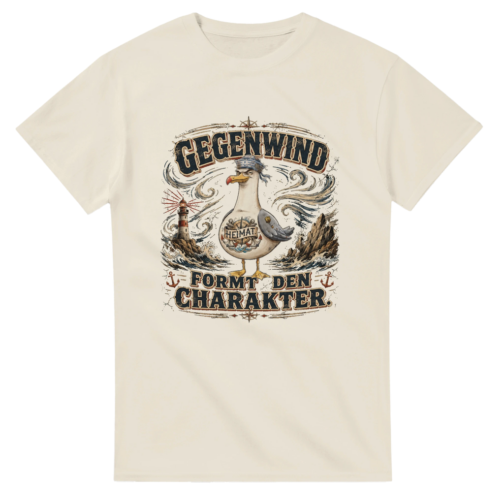 T-Shirt in Natur mit Motiv „Gegenwind formt den Charakter Typisch Norddeutsch“