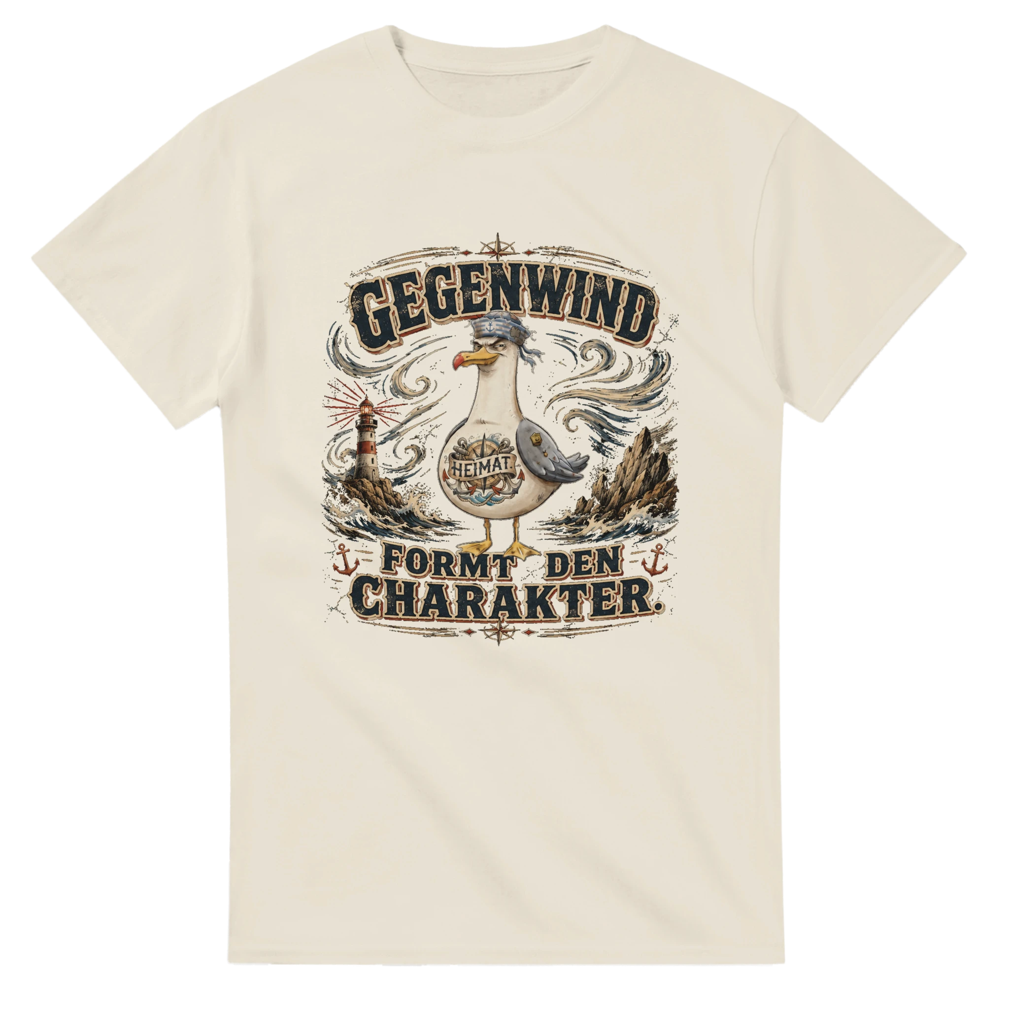 T-Shirt in Natur mit Motiv „Gegenwind formt den Charakter Typisch Norddeutsch“