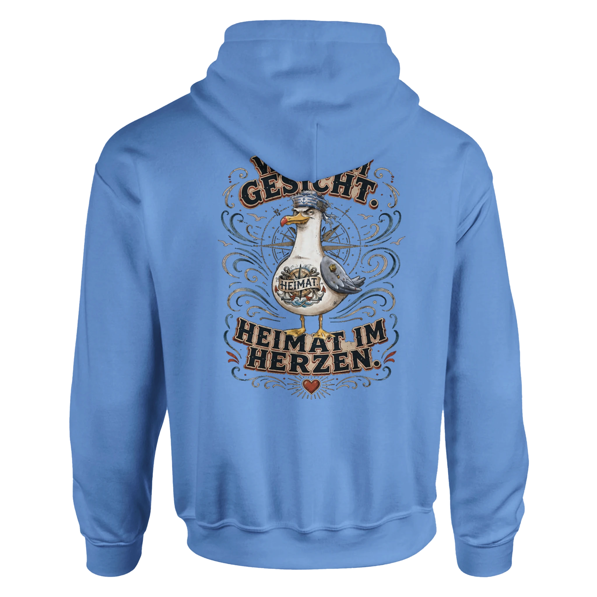 Hoodie in Weiß mit Motiv „Wind im Gesicht. Heimat im Herzen. Möwe“