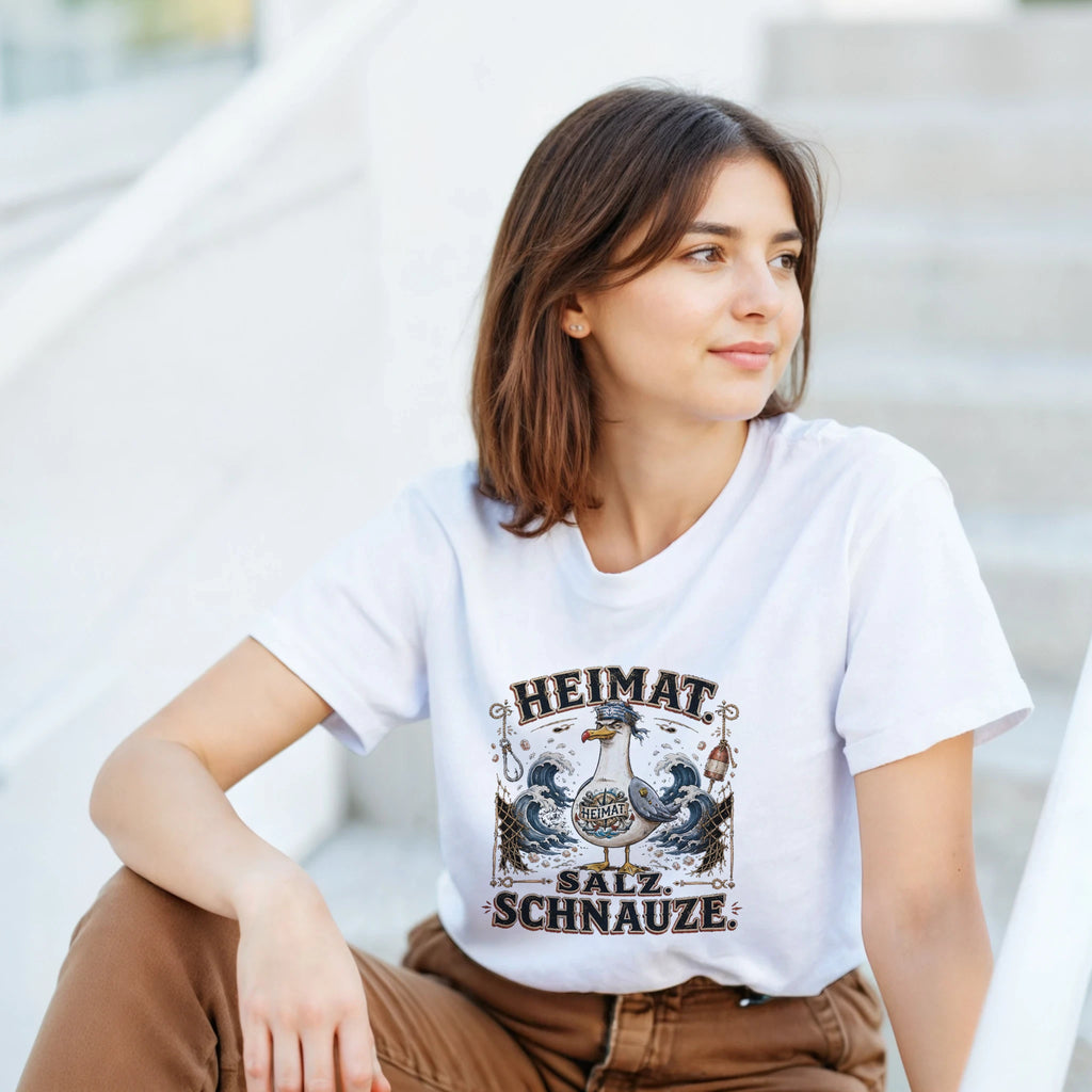 T-Shirt in Sand mit Motiv „Heimat Salz Schnauze Möwe“