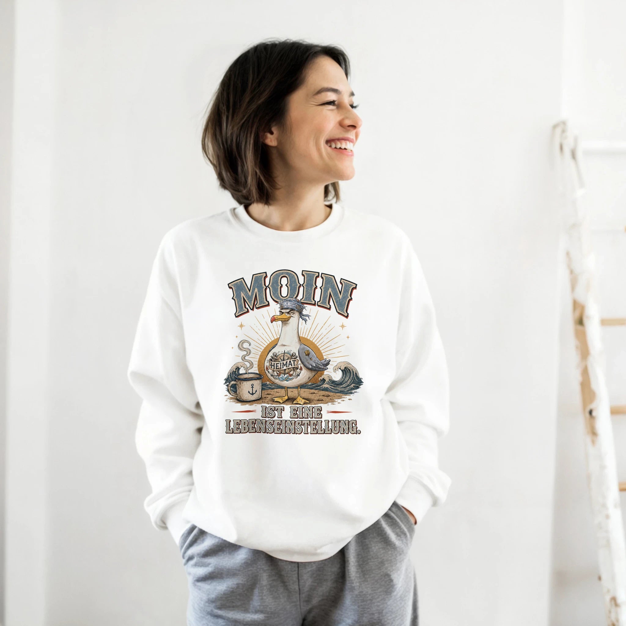 Pullover in Hellrosa mit Motiv „Moin ist eine Lebenseinstellung Möwe“