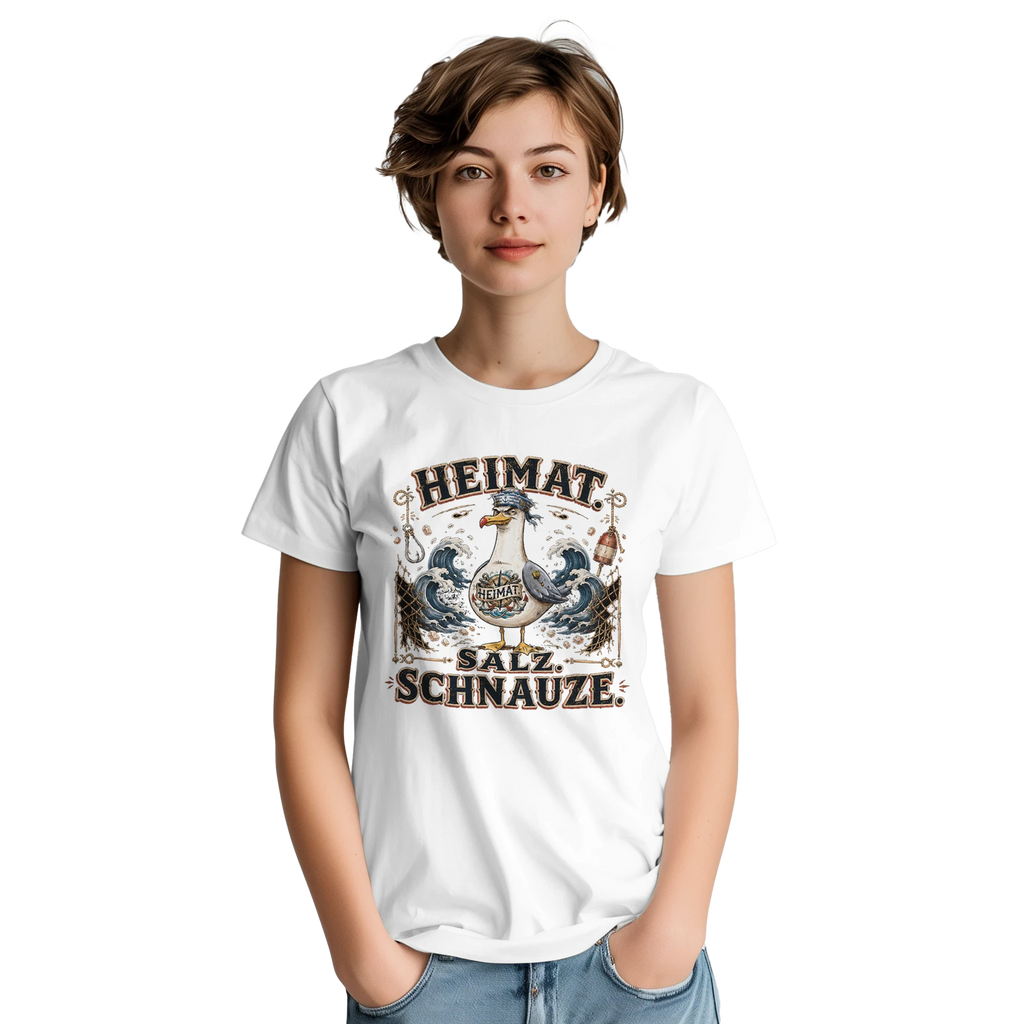 T-Shirt in Sand mit Motiv „Heimat Salz Schnauze Möwe“