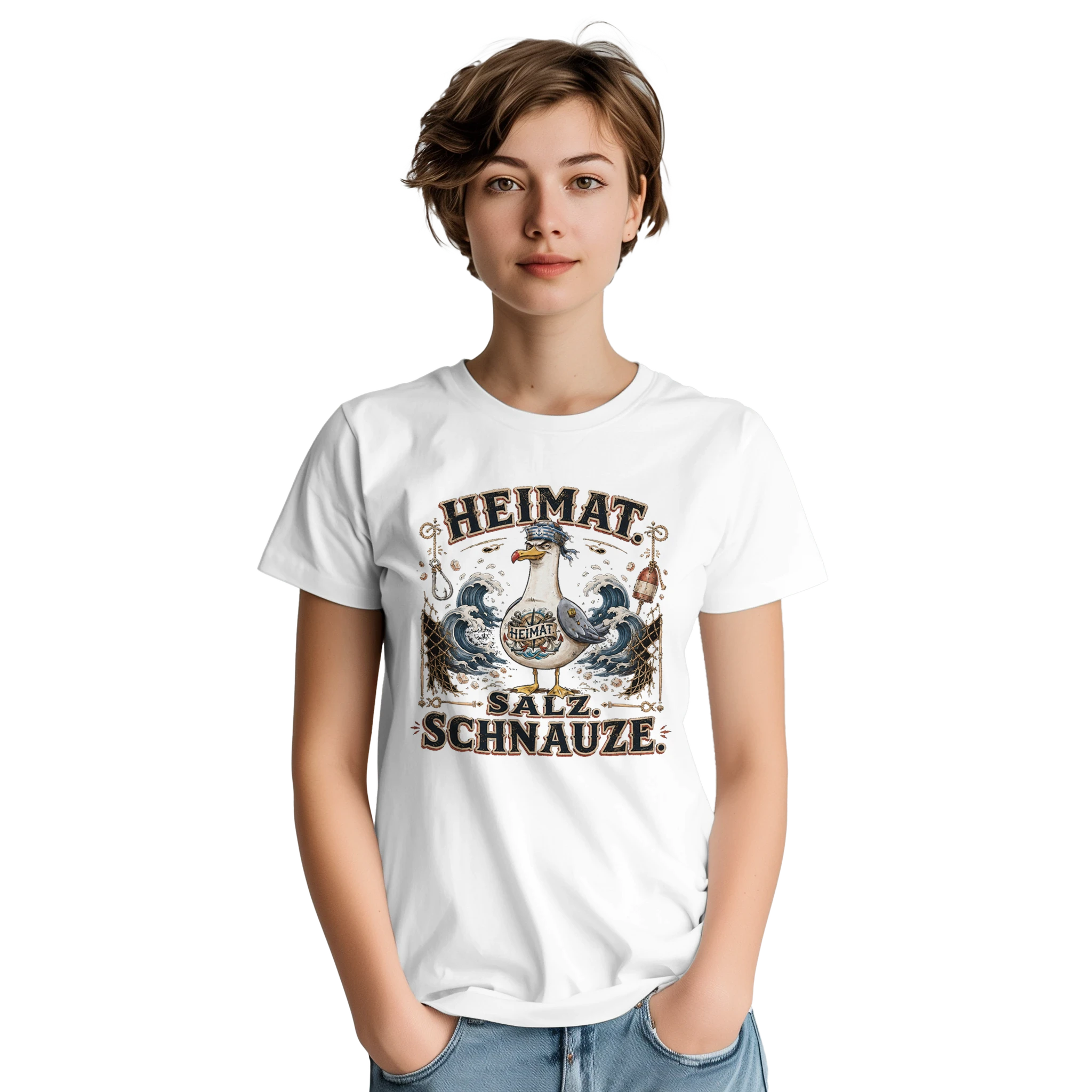 T-Shirt in Sand mit Motiv „Heimat Salz Schnauze Möwe“
