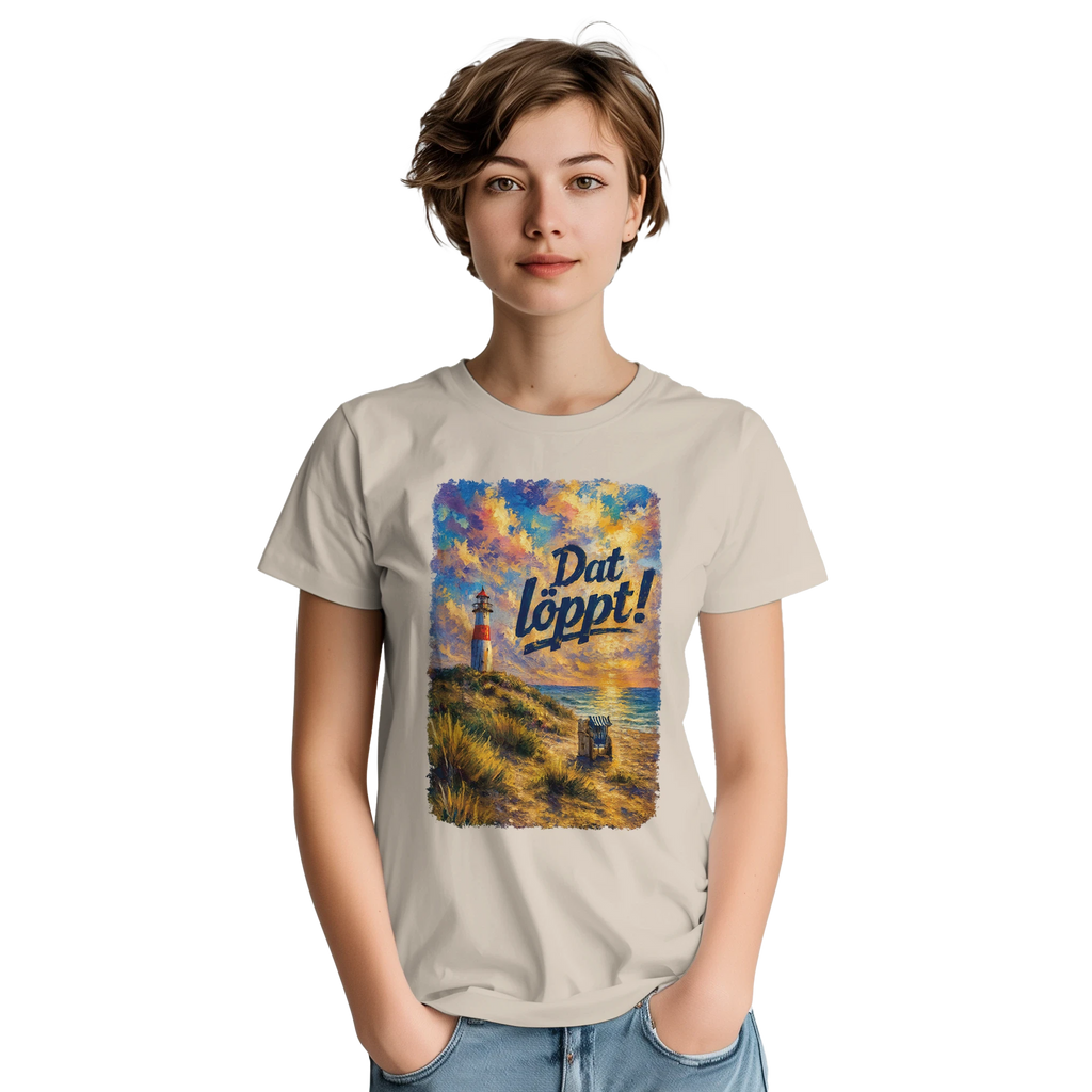 T-Shirt in Sand mit Motiv „Dat löppt! Typisch Norddeutsch“