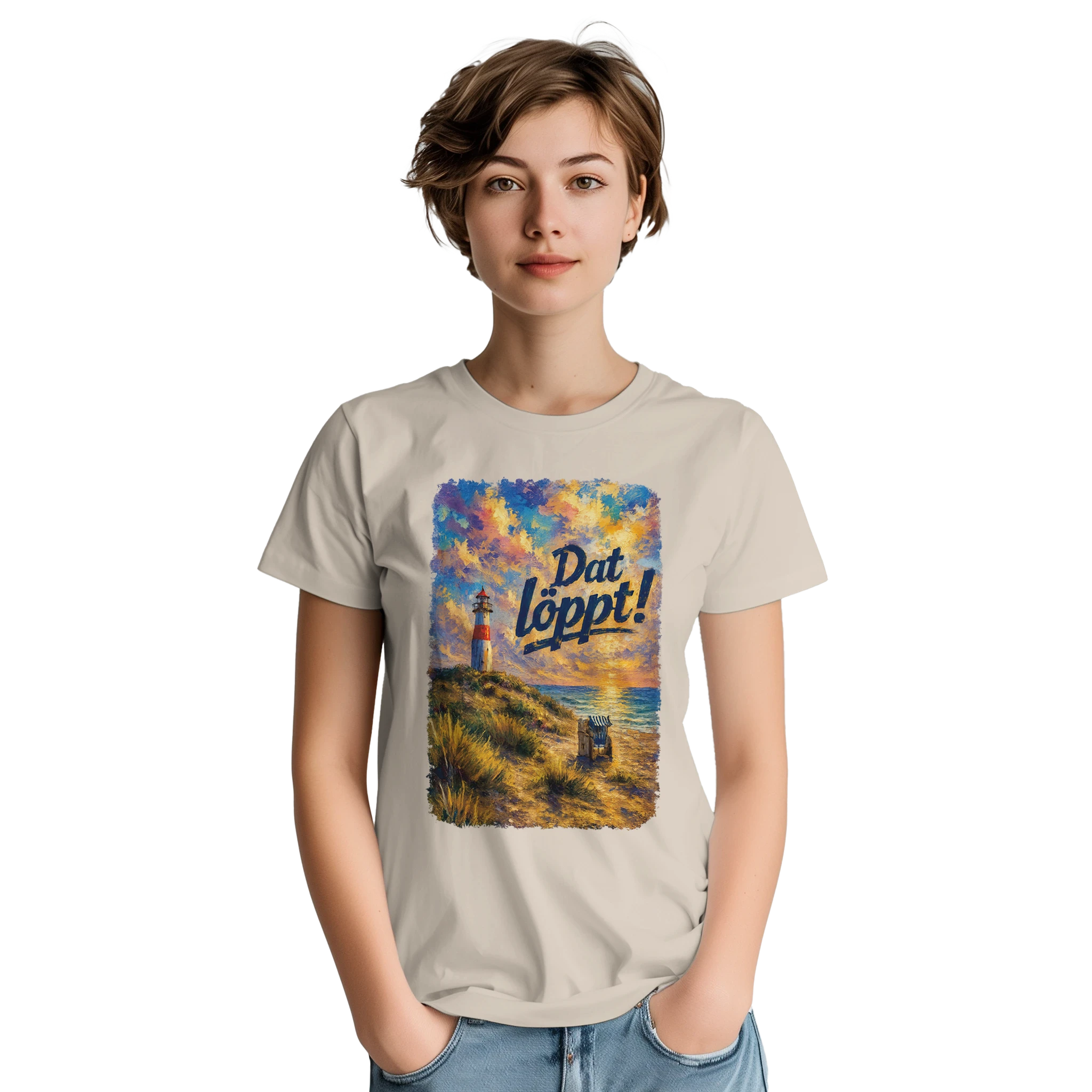 T-Shirt in Sand mit Motiv „Dat löppt! Typisch Norddeutsch“
