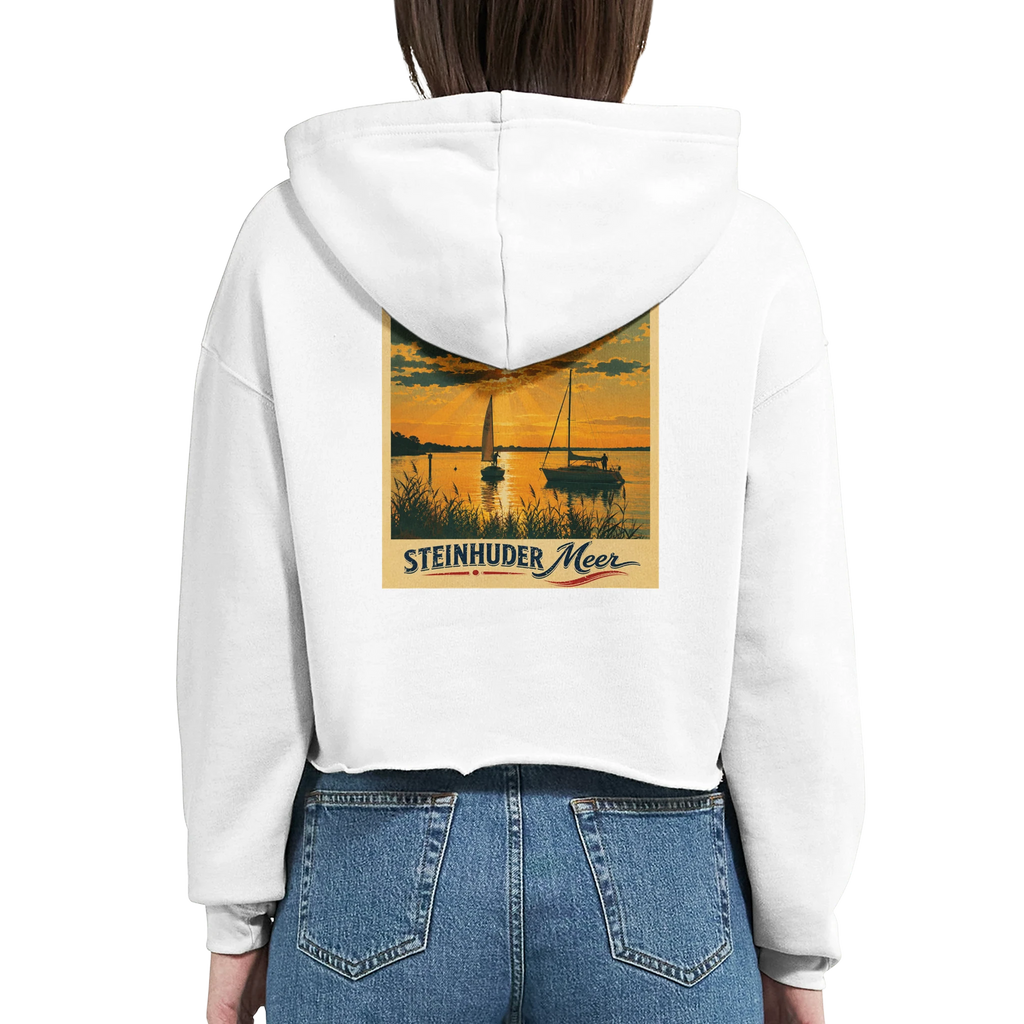Damen-Hoodie in Weiß mit Motiv „Segler am Steinhuder Meer beim Sunset“