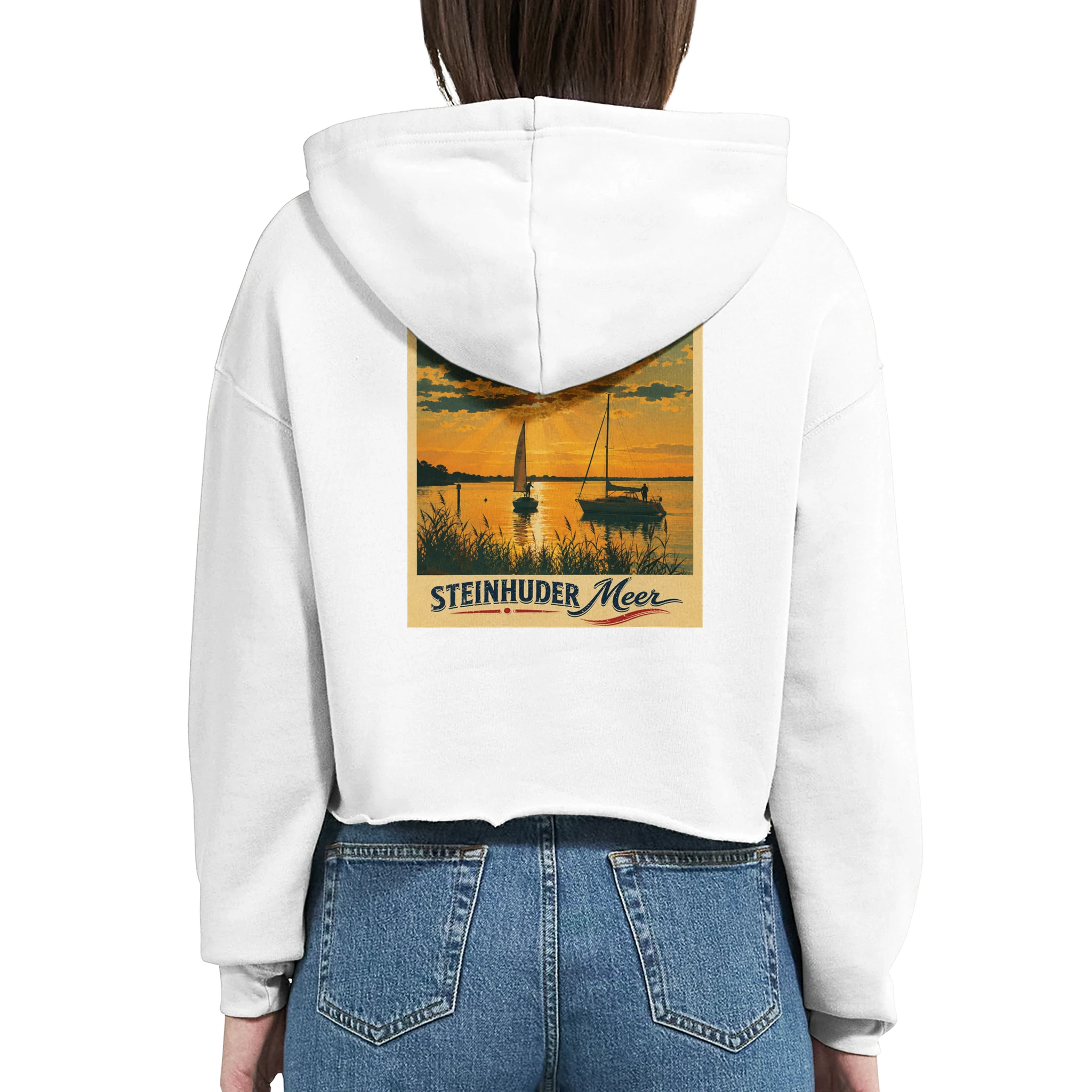 Damen-Hoodie in Weiß mit Motiv „Segler am Steinhuder Meer beim Sunset“