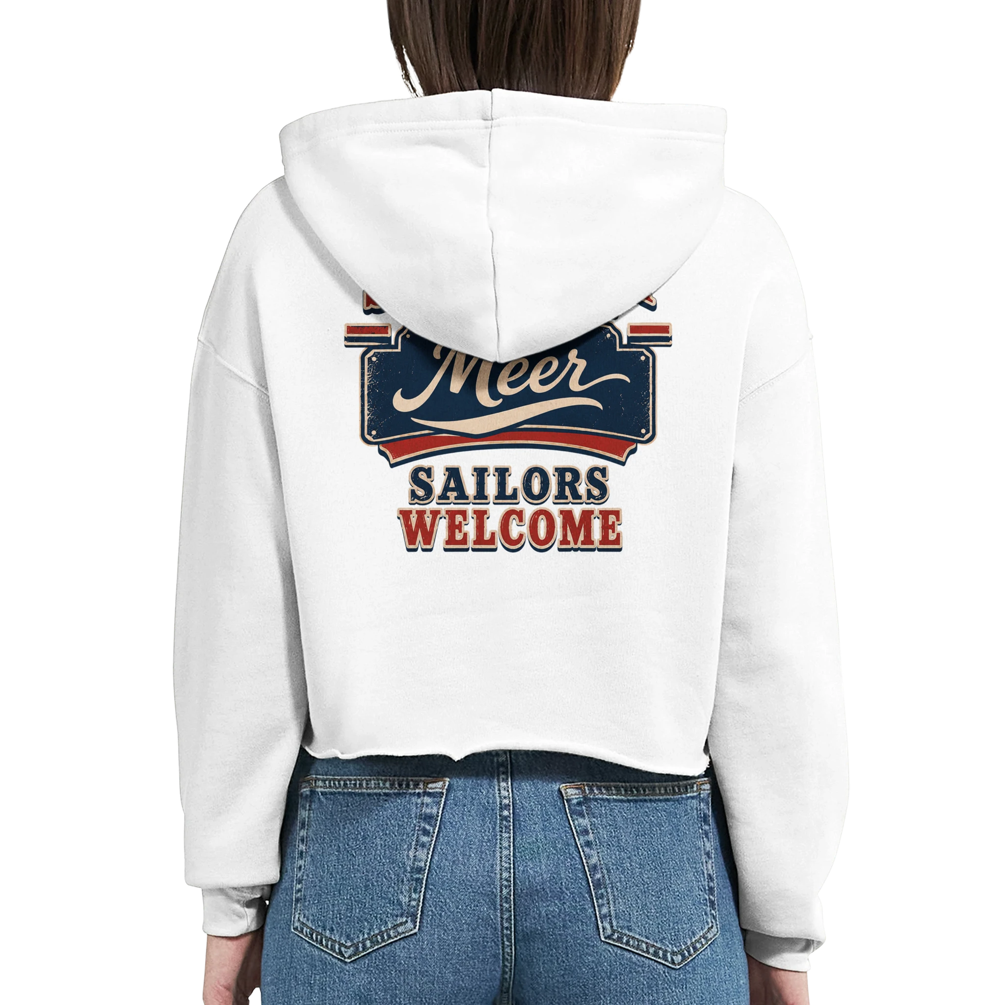 Damen-Hoodie in Weiß mit Motiv „Sailors Welcome“