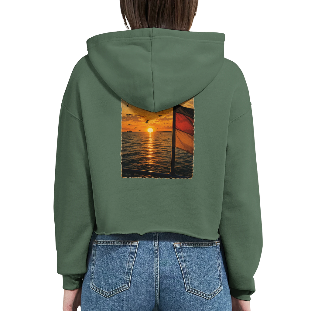 Damen-Hoodie in Weiß mit Motiv „Flagge und Sunset“