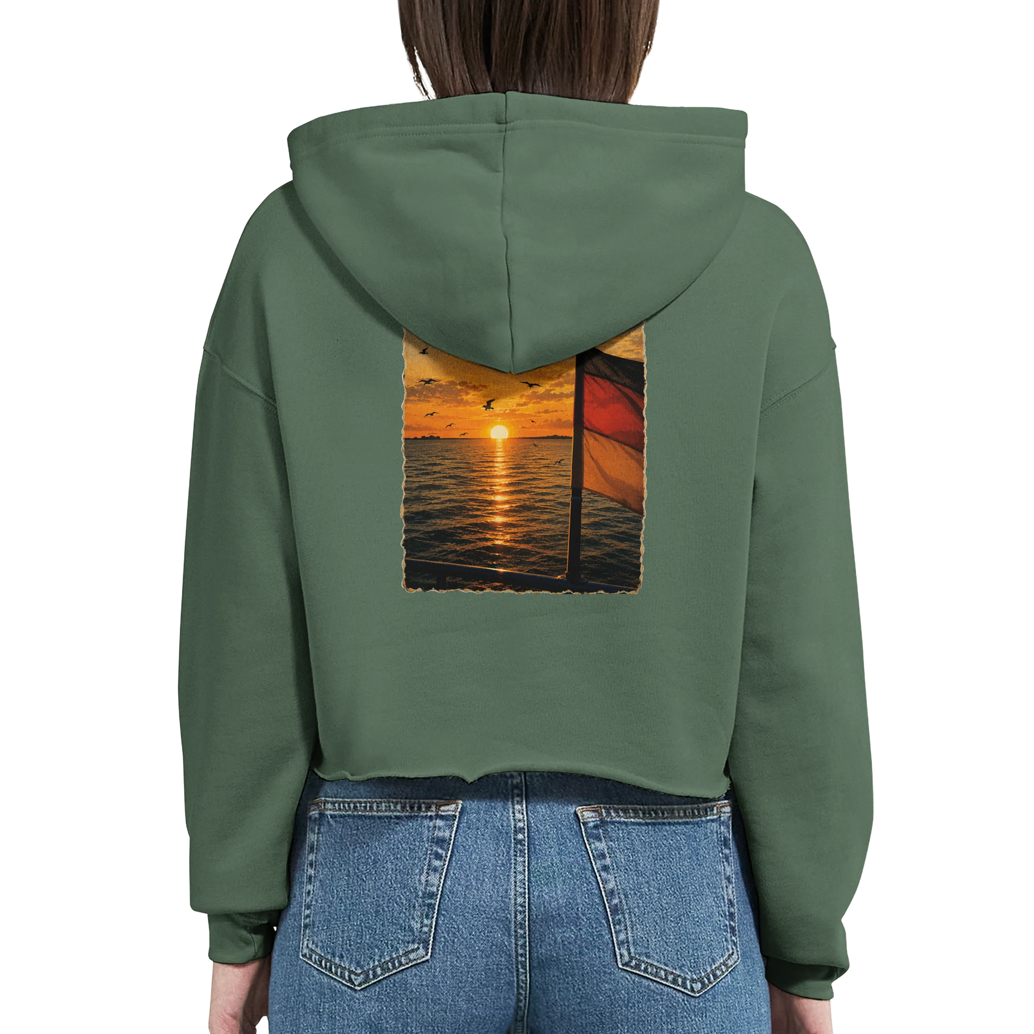 Damen-Hoodie in Weiß mit Motiv „Flagge und Sunset“