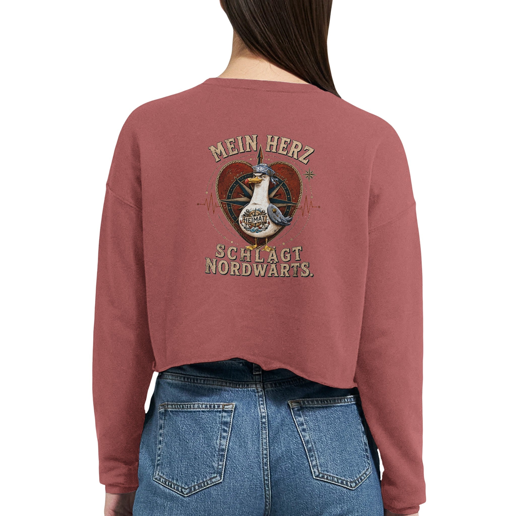 Damen-Pullover in Mauve mit Motiv „Mein Herz schlägt NORDWÄRTS. Möwe“