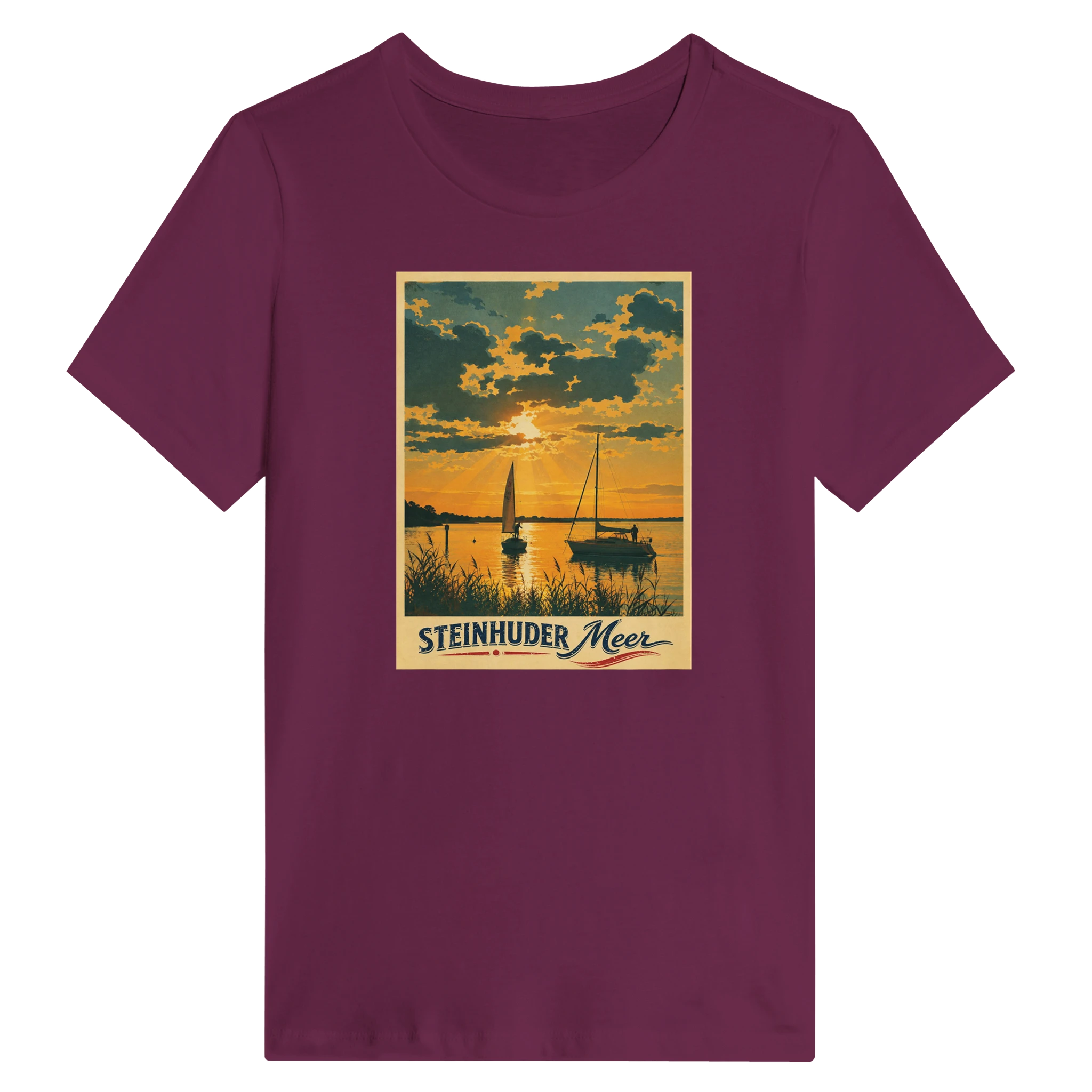 Damen-T-Shirt in Zitronengelb mit Motiv „Segler am Steinhuder Meer beim Sunset“