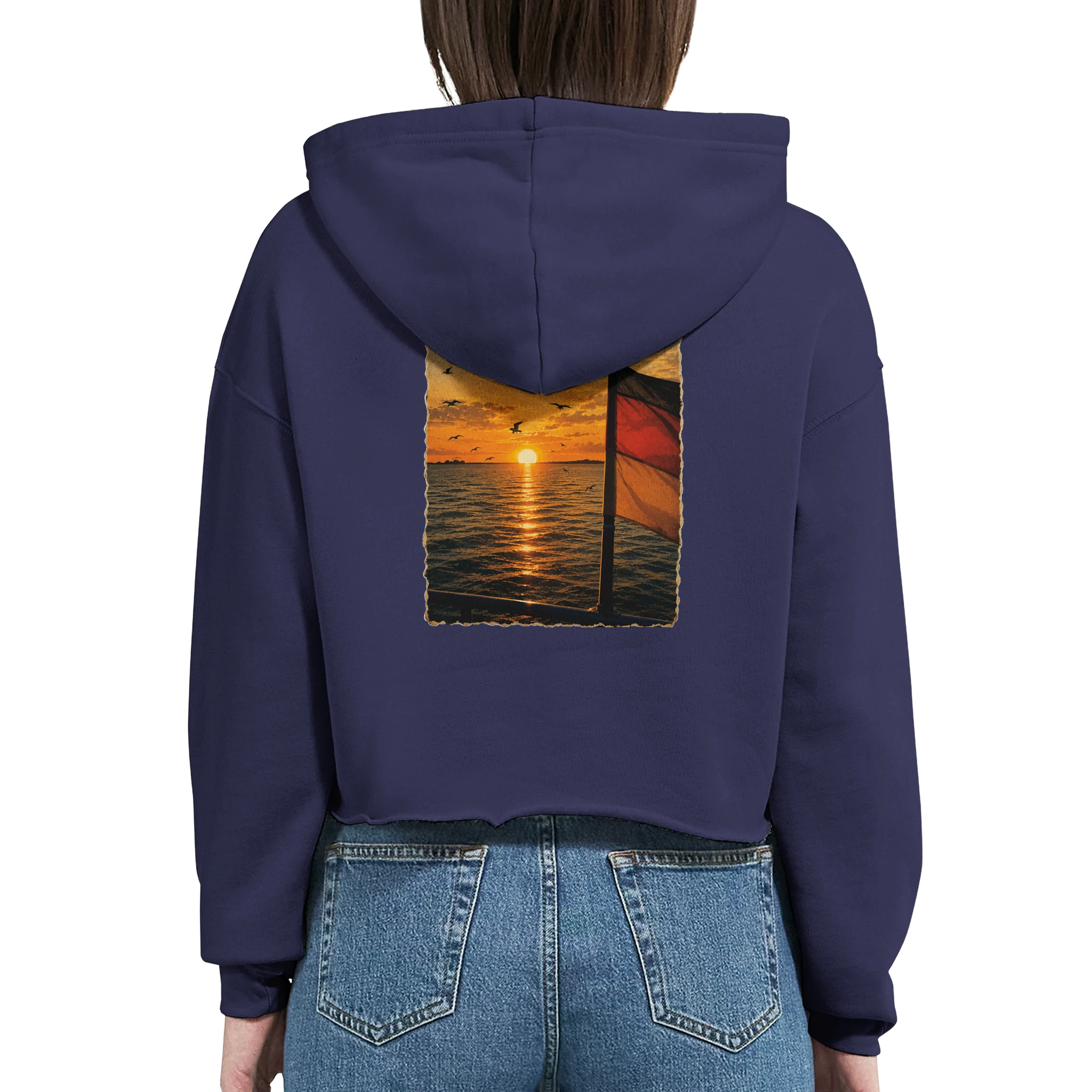 Damen-Hoodie in Weiß mit Motiv „Flagge und Sunset“