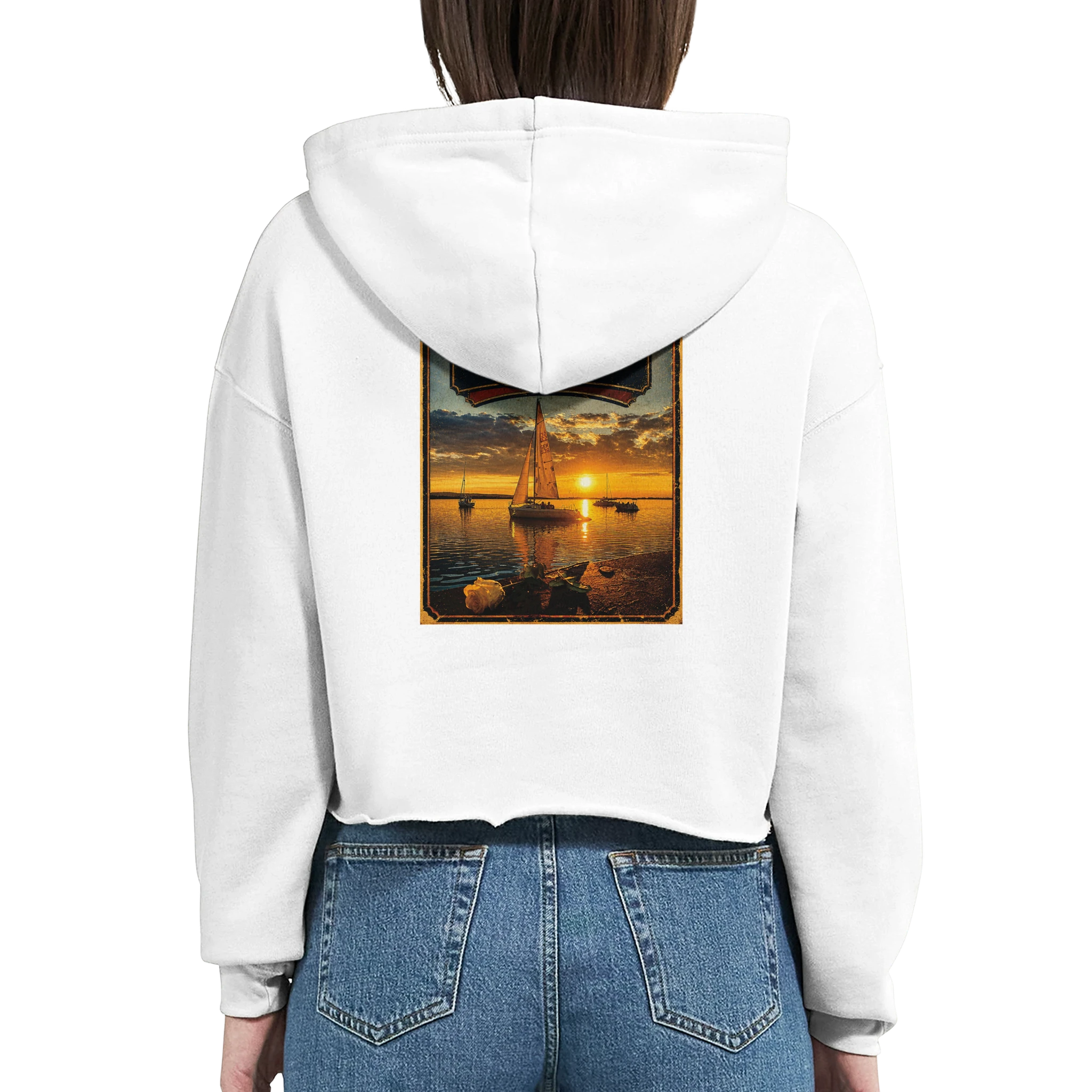Damen-Hoodie in Weiß mit Motiv „White Night am Wilhelmstein mit Sonnenuntergang“