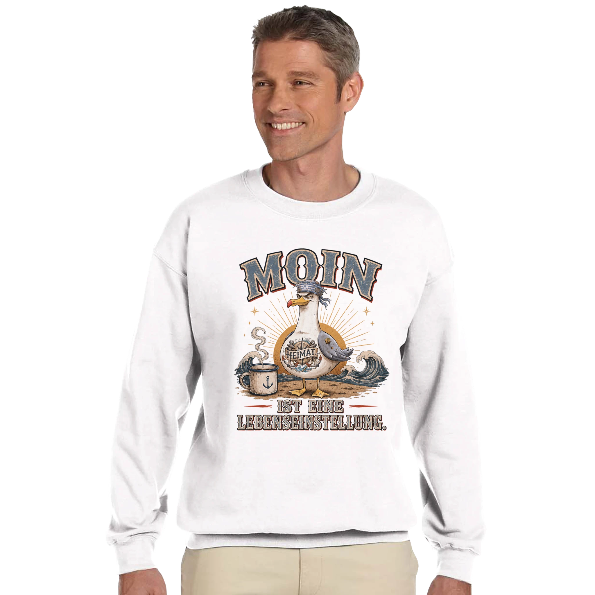 Pullover in Hellrosa mit Motiv „Moin ist eine Lebenseinstellung Möwe“
