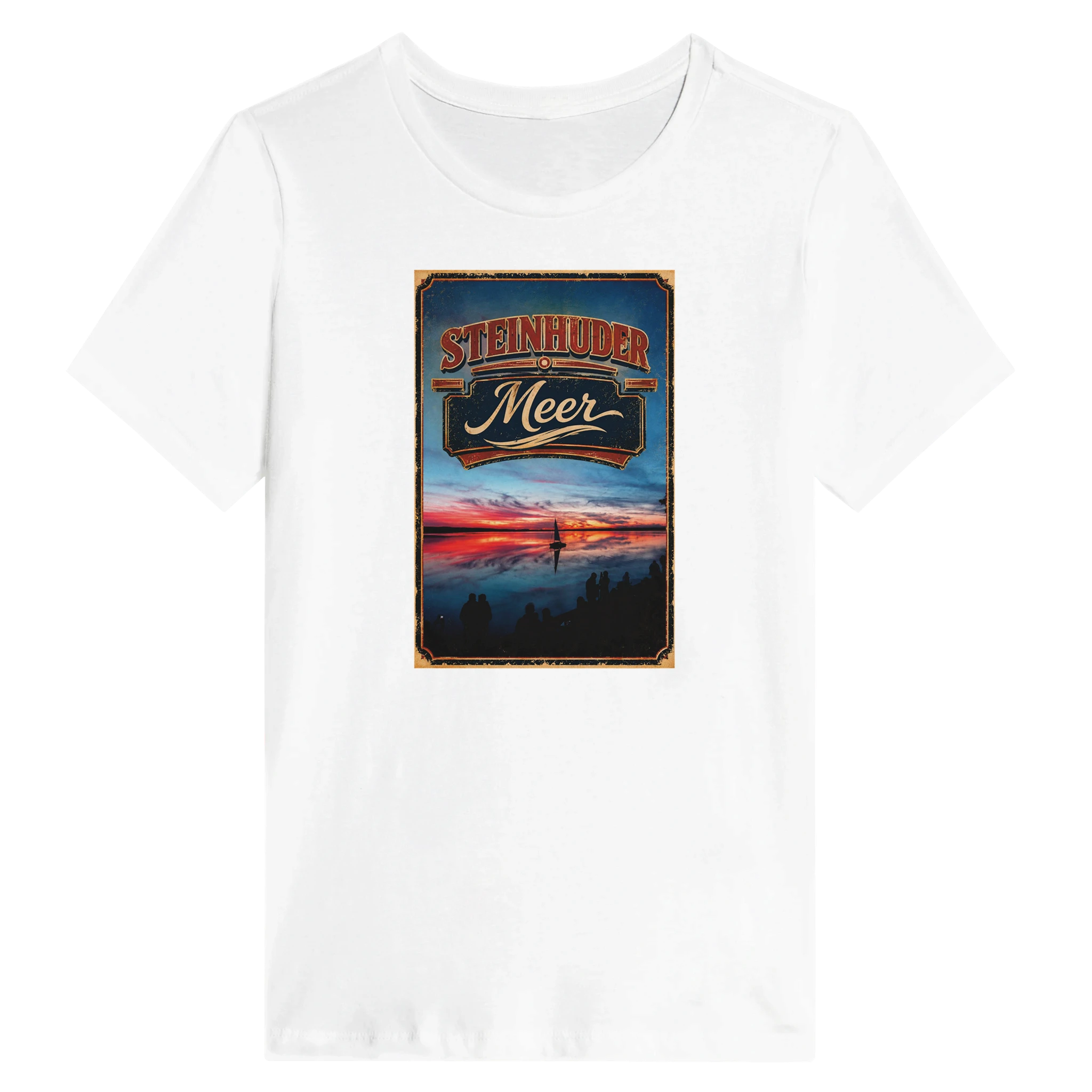 Damen-T-Shirt in Zitronengelb mit Motiv „Sunset mit Segler am Wilhelmstein – Steinhuder Meer“