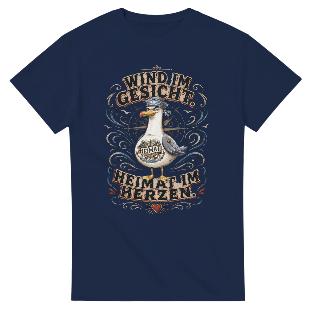 T-Shirt in Weiß mit Motiv „Wind im Gesicht. Heimat im Herzen. Möwe“