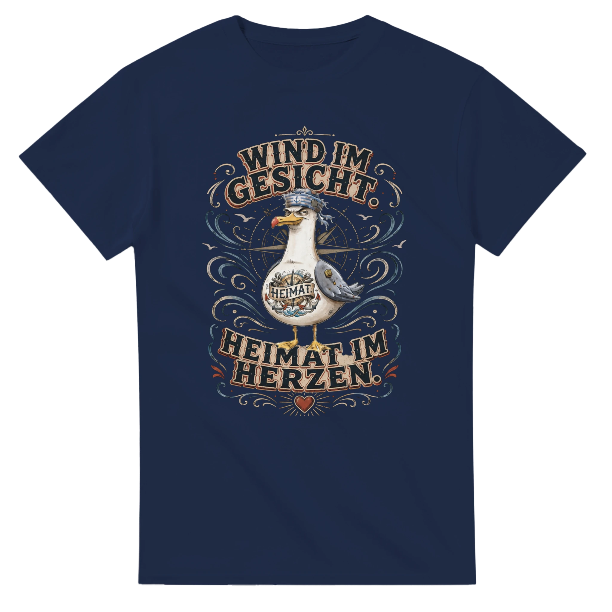 T-Shirt in Weiß mit Motiv „Wind im Gesicht. Heimat im Herzen. Möwe“