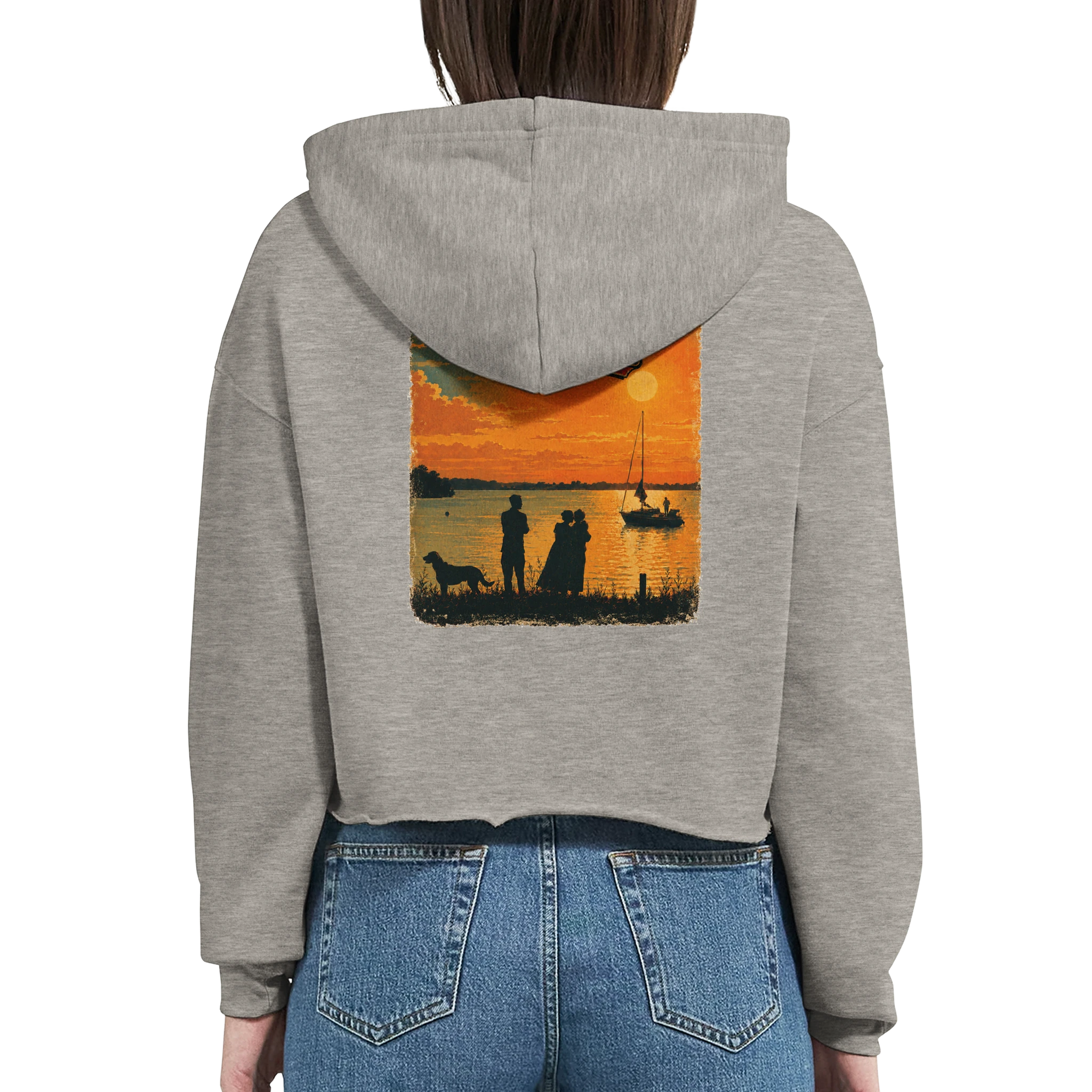 Damen-Hoodie in Weiß mit Motiv „Familie beim Sunset“