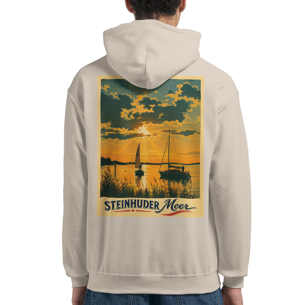 Hoodie in Weiß mit Motiv „Segler am Steinhuder Meer beim Sunset“