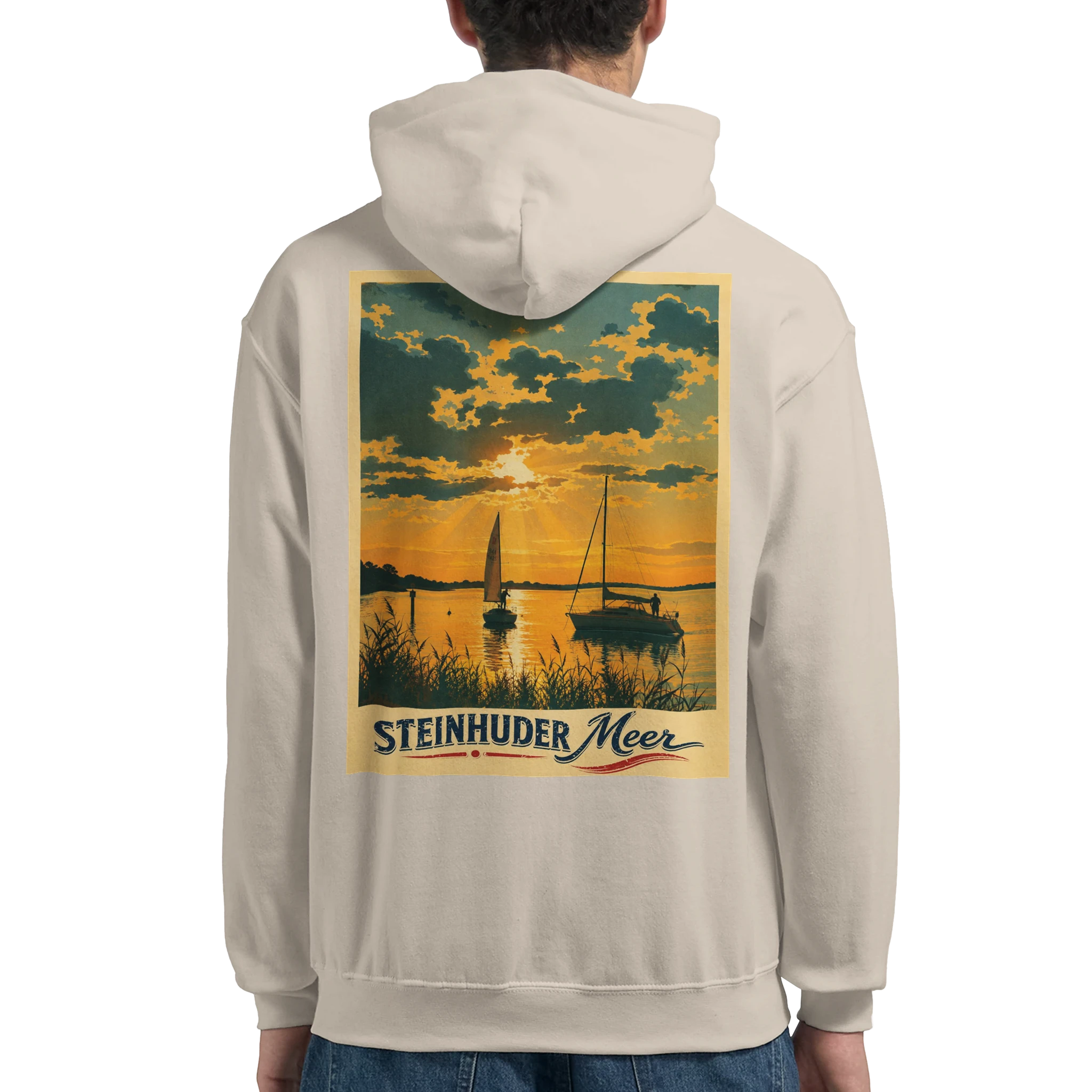 Hoodie in Weiß mit Motiv „Segler am Steinhuder Meer beim Sunset“