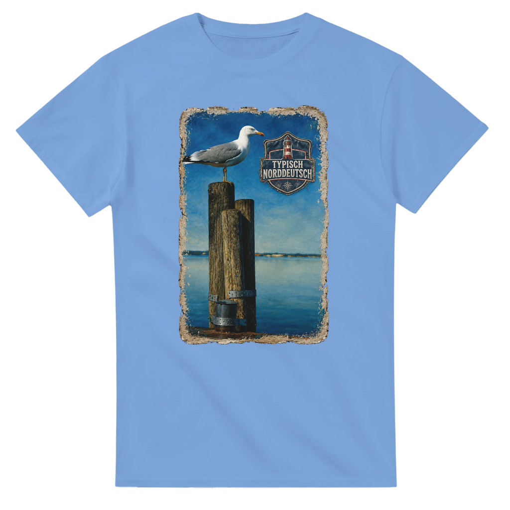 T-Shirt in Weiß mit Motiv „Möwe auf Poller“