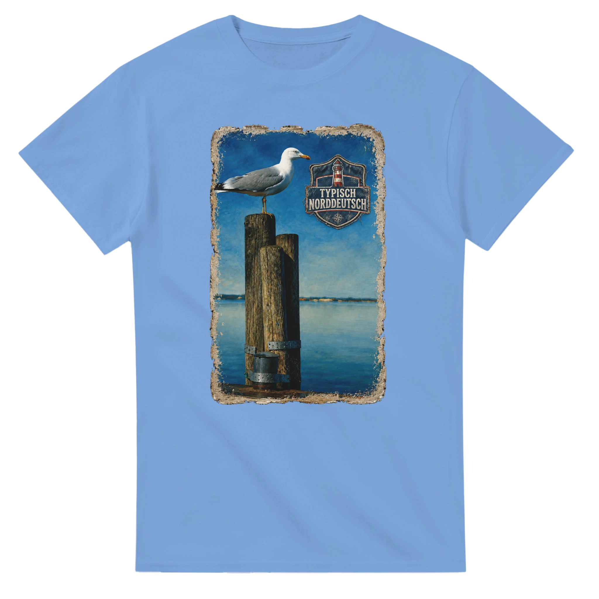T-Shirt in Weiß mit Motiv „Möwe auf Poller“