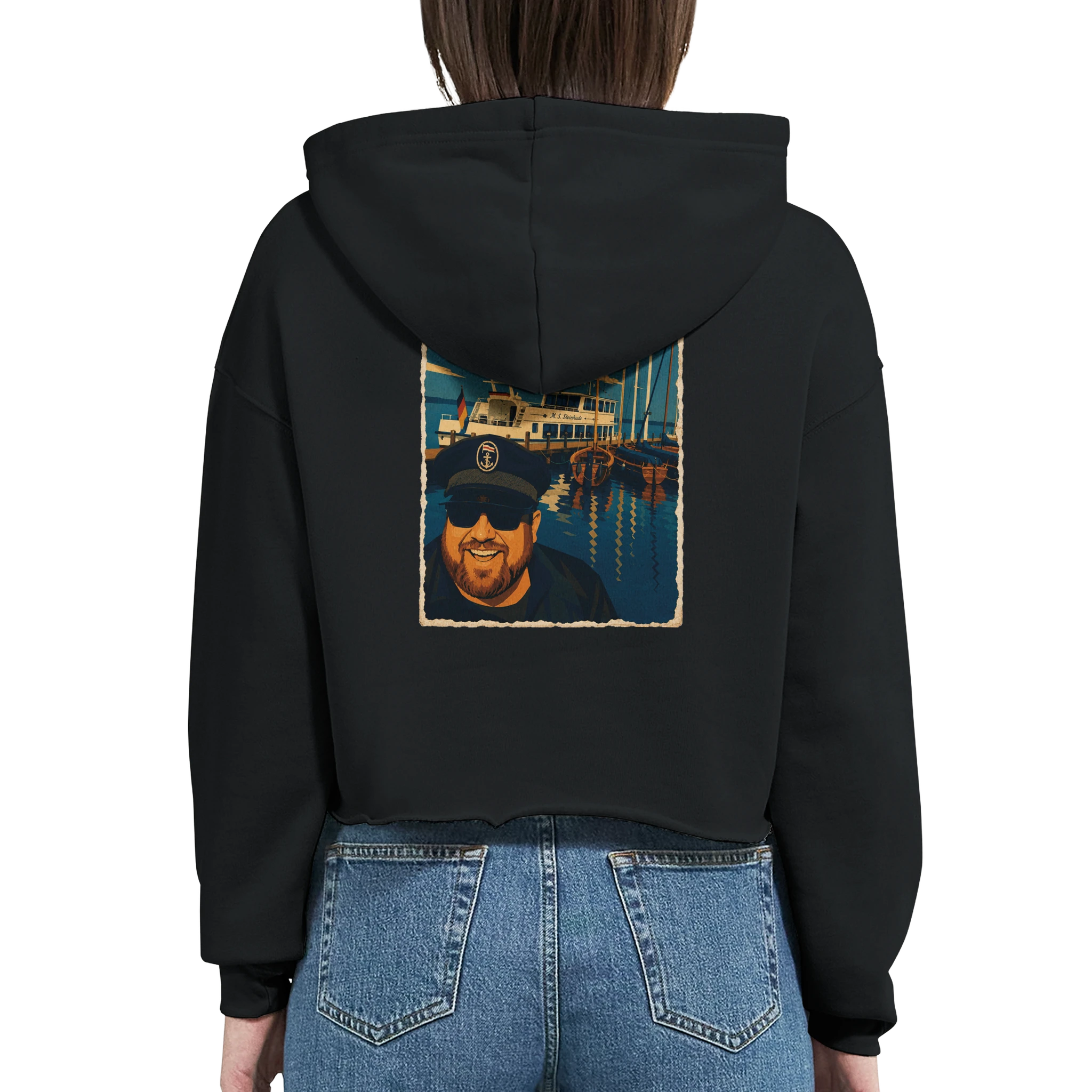 Damen-Hoodie in Weiß mit Motiv „Kapitän an Bord“