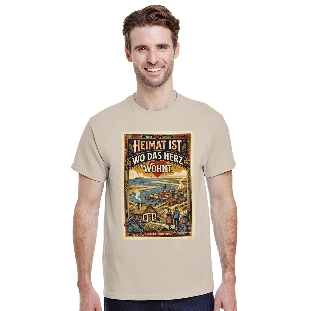 T-Shirt in Sand mit Motiv „Heimat ist, wo das Herz wohnt“