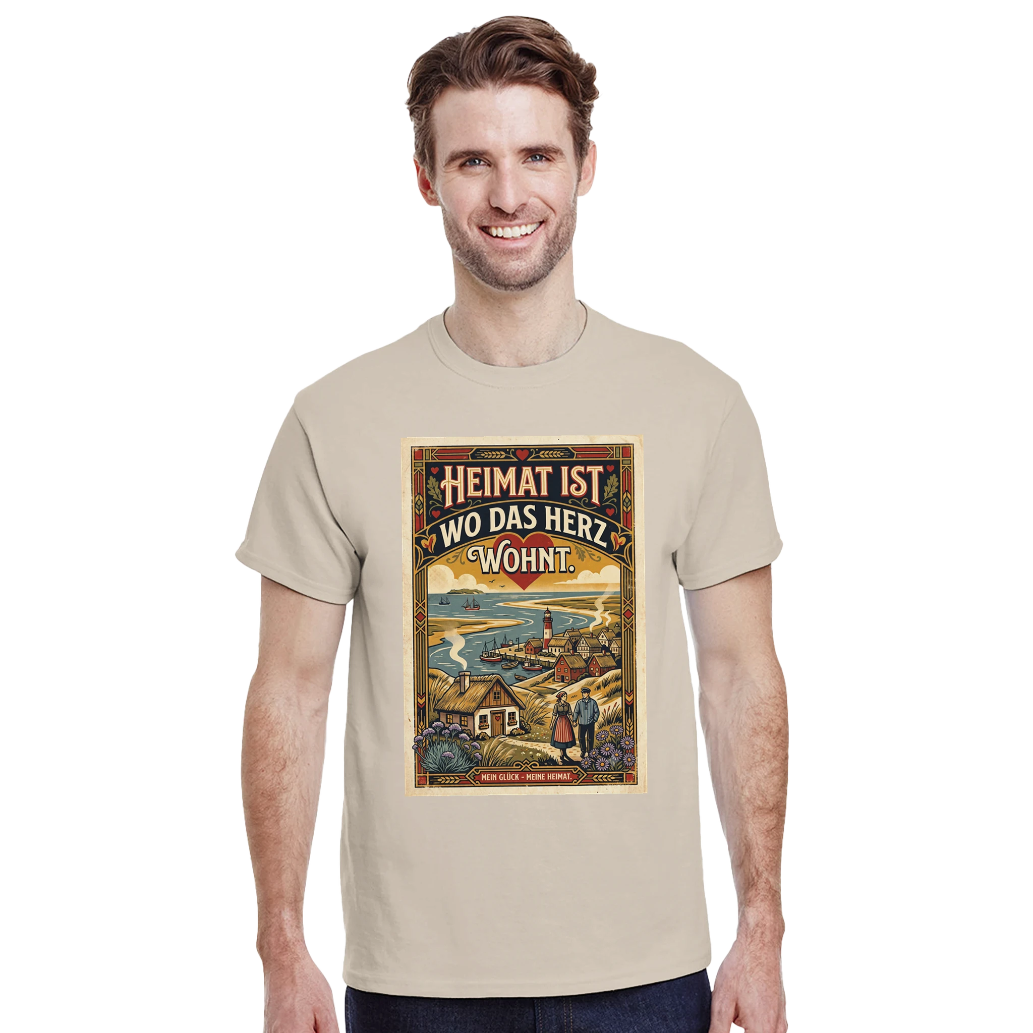 T-Shirt in Sand mit Motiv „Heimat ist, wo das Herz wohnt“