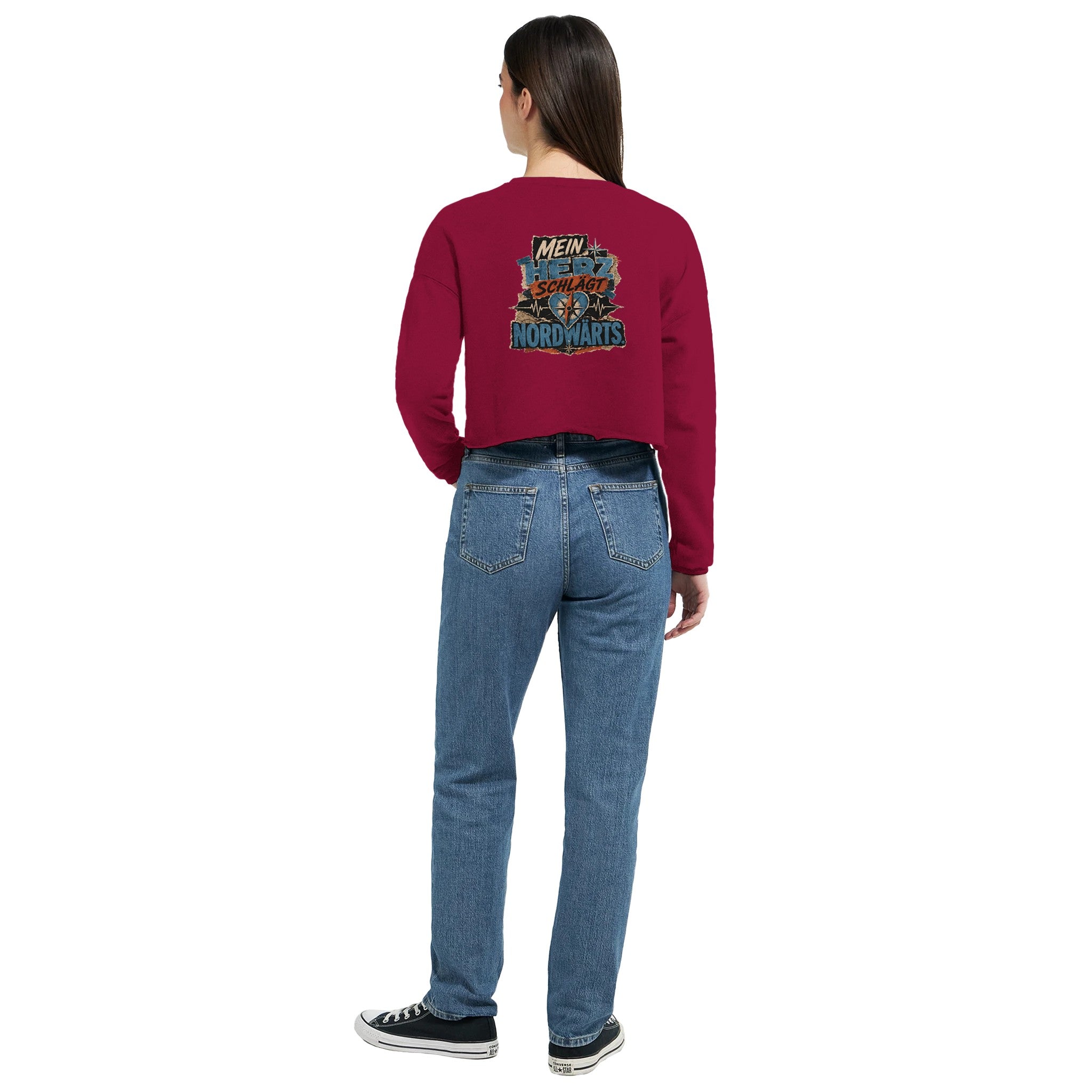 Damen-Pullover in Dunkelgrau meliert mit Motiv „Mein Herz schlägt NORDWÄRTS.“