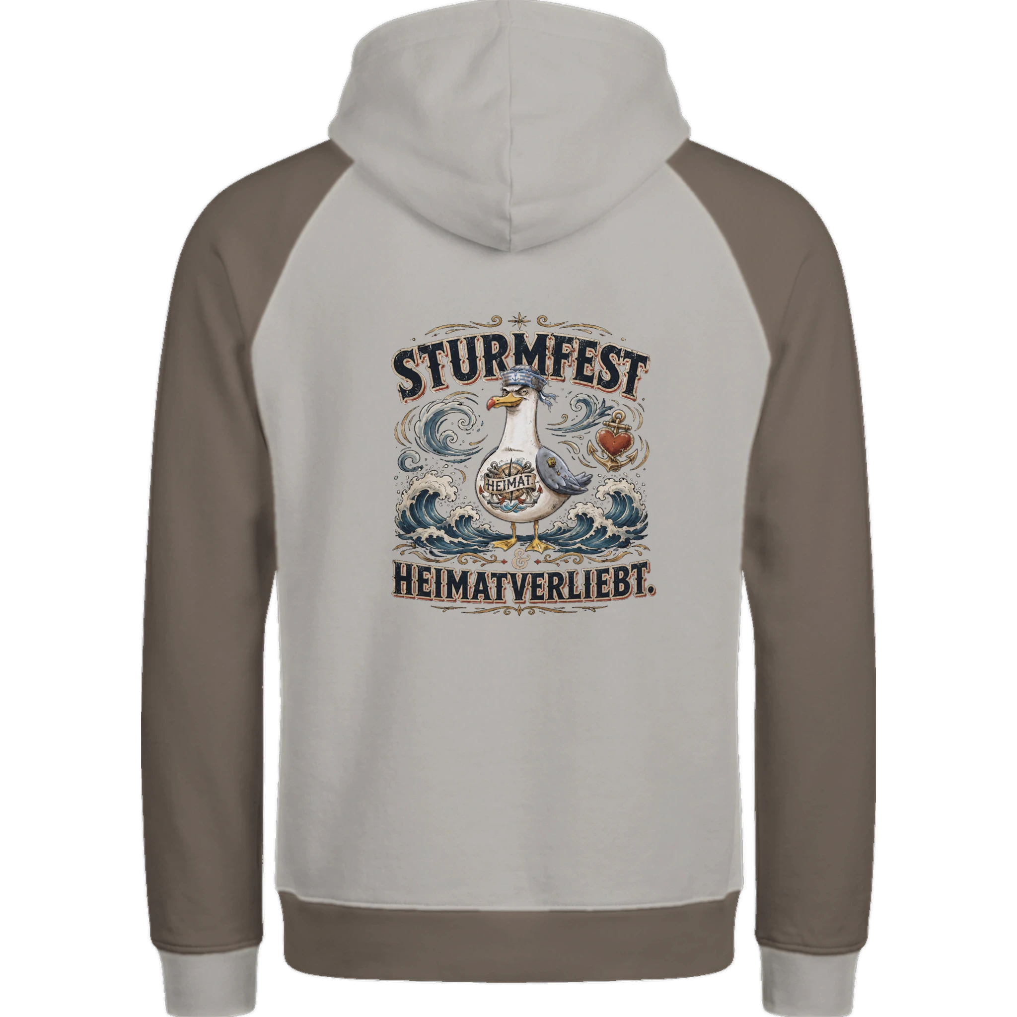 Hoodie in Ton mit Motiv „Sturmfest & Heimatverliebt Möwe“