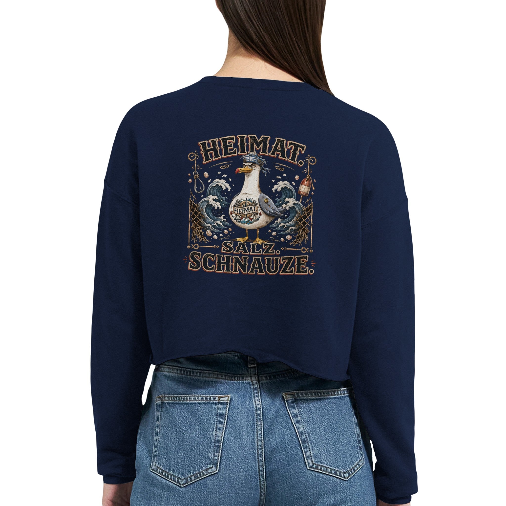 Damen-Pullover in Staubblau mit Motiv „Heimat Salz Schnauze“