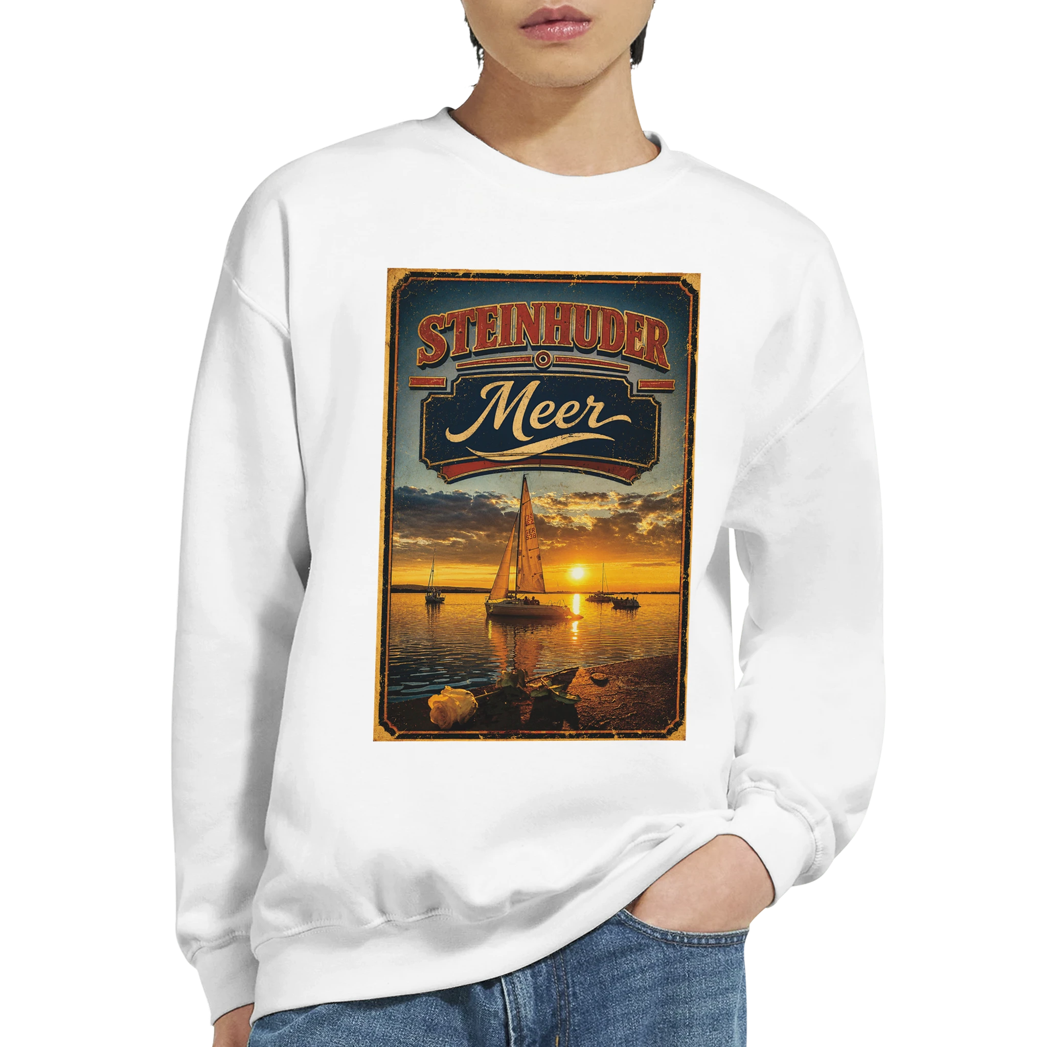 Pullover in Aschgrau mit Motiv „White Night am Wilhelmstein mit Sunset“
