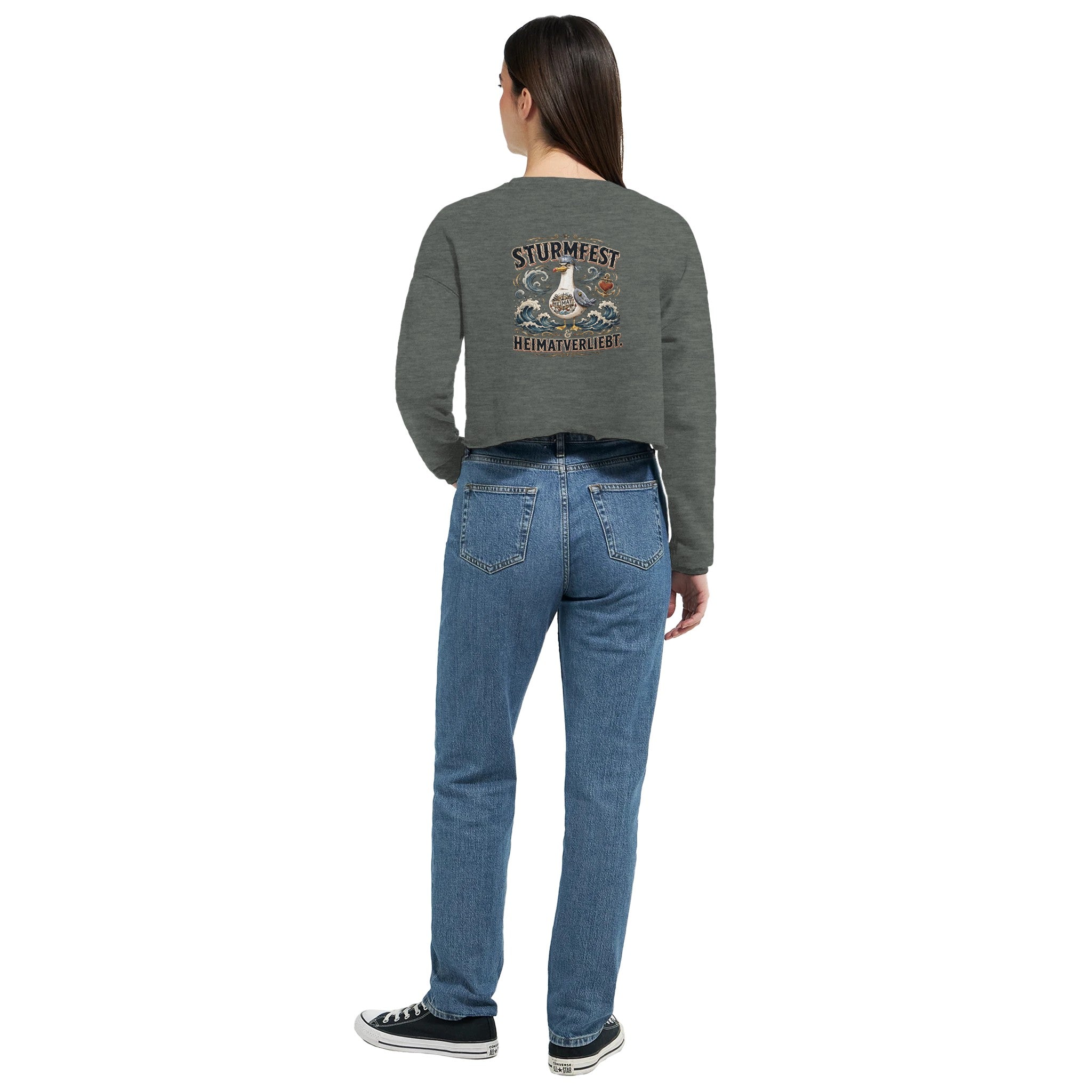 Damen-Pullover in Dunkelgrau meliert mit Motiv „Sturmfest & Heimatverliebt Möwe“