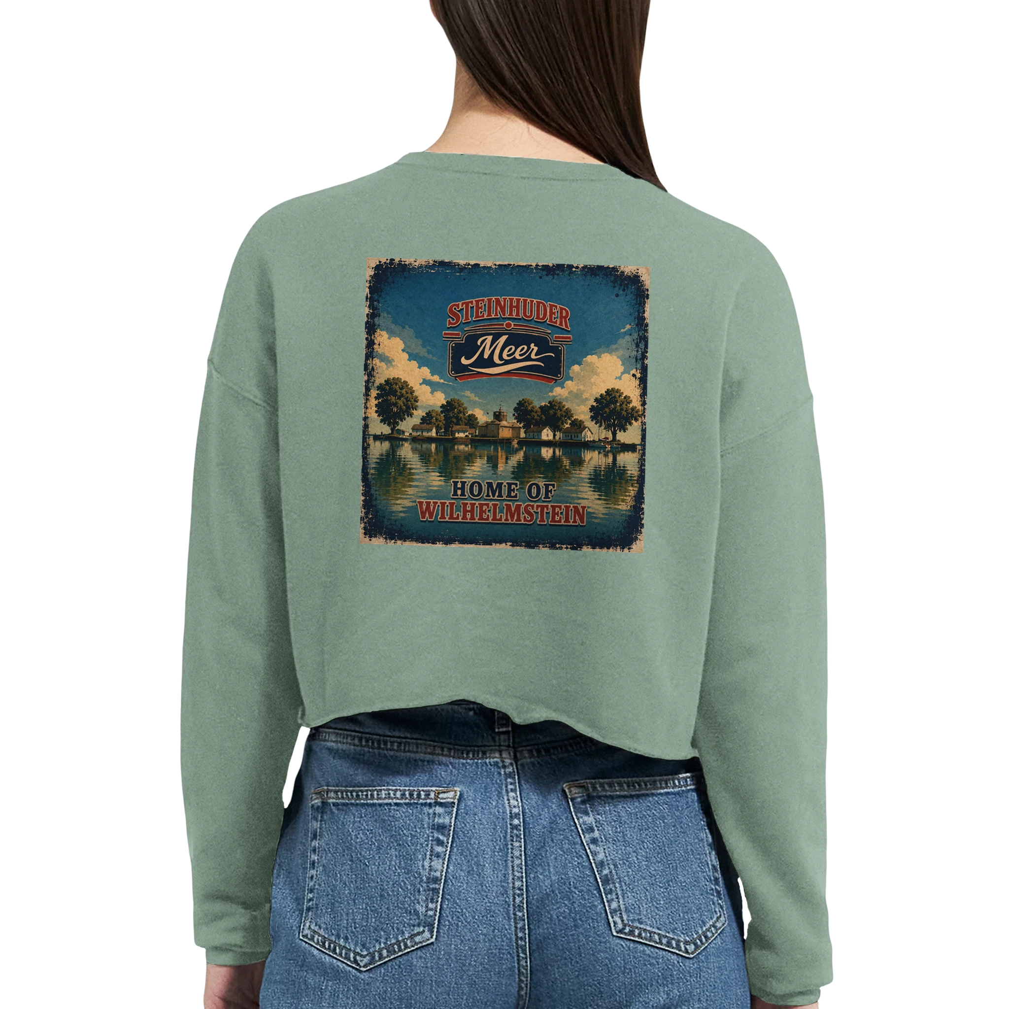 Damen-Pullover in Staubblau mit Motiv „Insel Wilhelmstein“