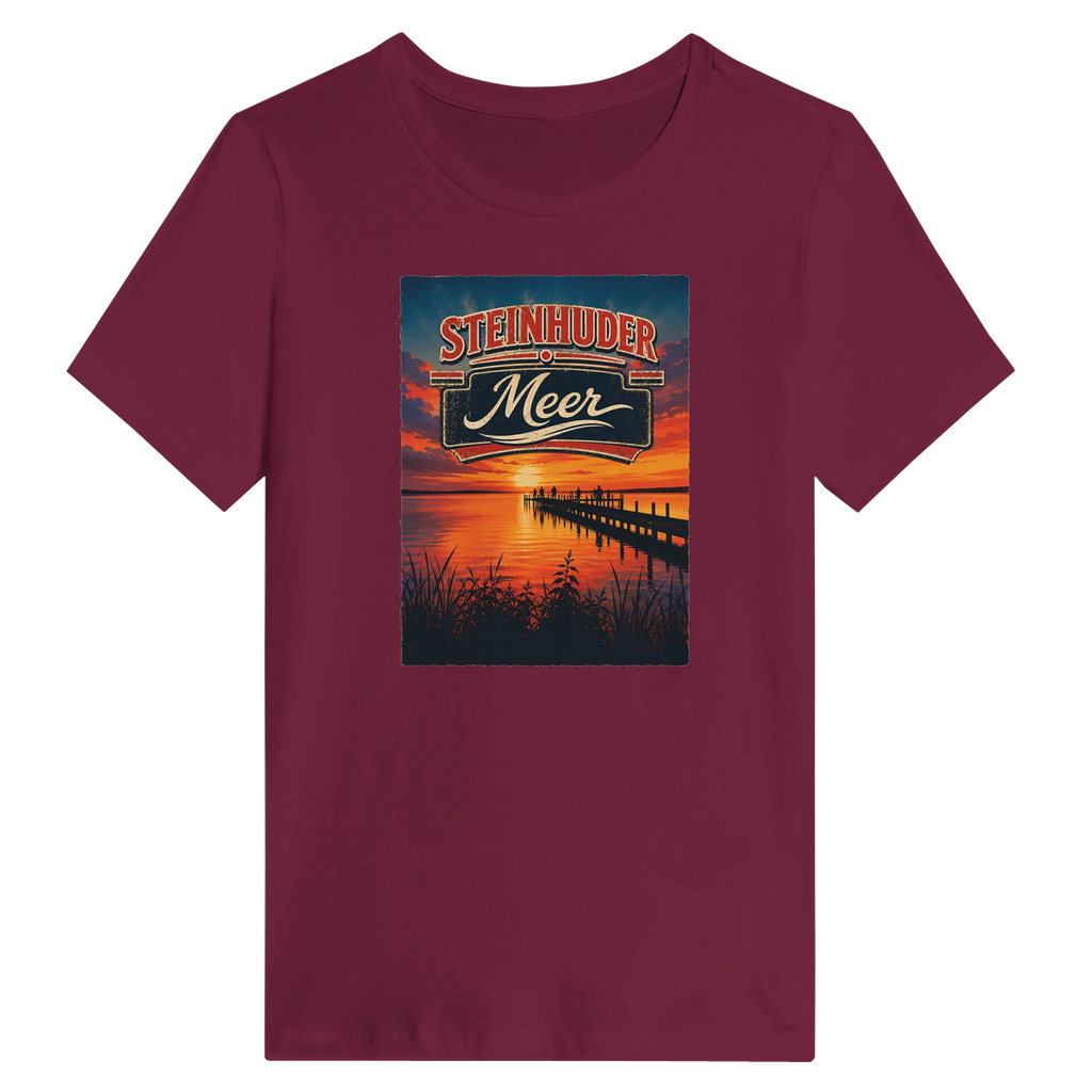 Damen-T-Shirt in Weiß mit Motiv „Sunset Ratskeller Steg am Steinhuder Meer“