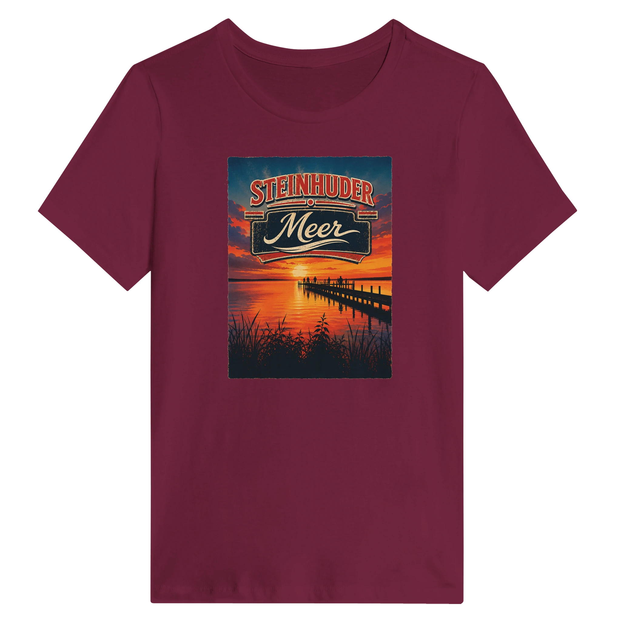Damen-T-Shirt in Weiß mit Motiv „Sunset Ratskeller Steg am Steinhuder Meer“