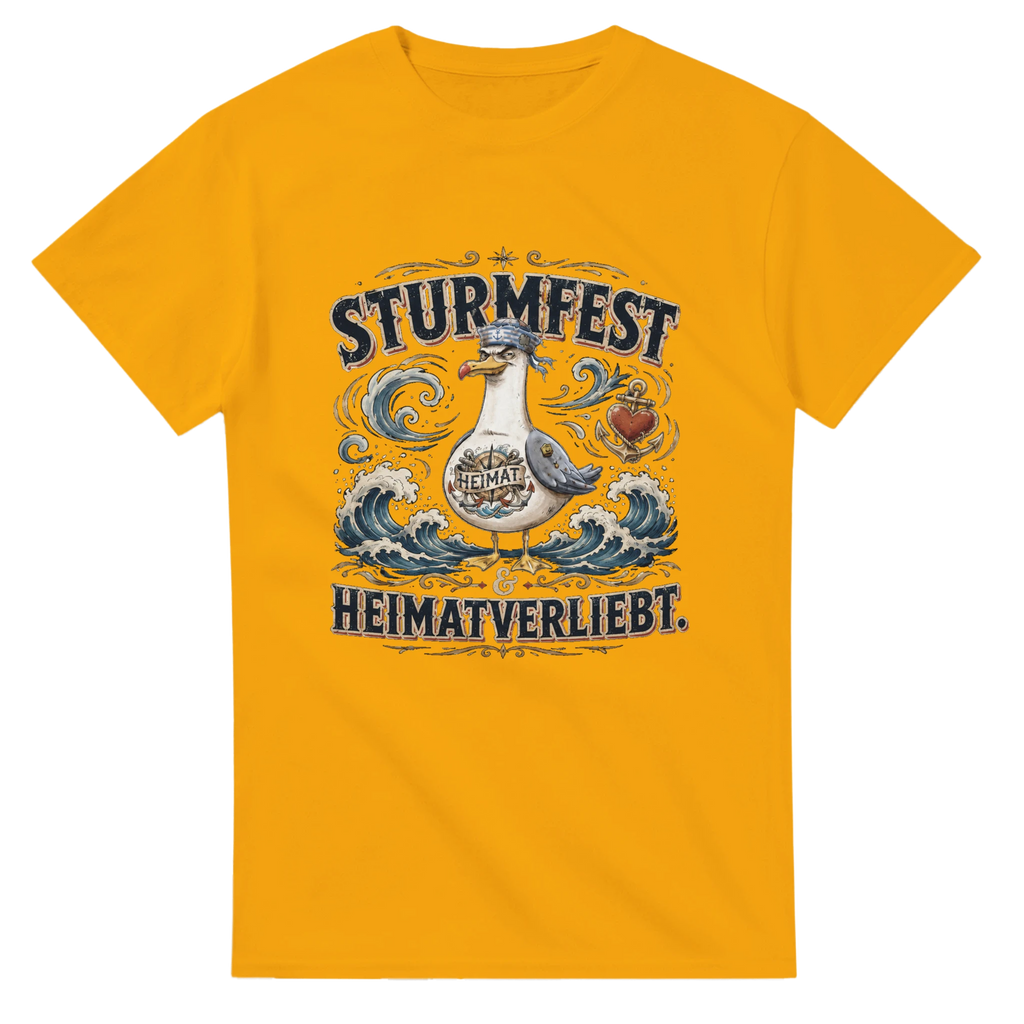 T-Shirt in Weiß mit Motiv „Sturmfest & Heimatverliebt Möwe“